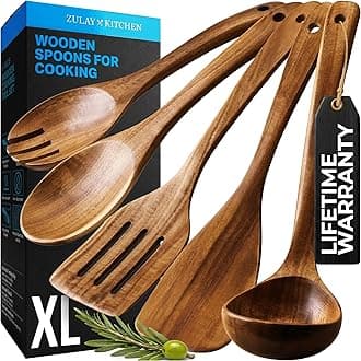 Zulay Kitchen Extra-Large 5-Piece Wooden Spoon Set - Smooth Teak Cooking Utensils - Comfort-Grip Non-Stick Turner, Spatula, Skimmer, Fork, Serving Spoon