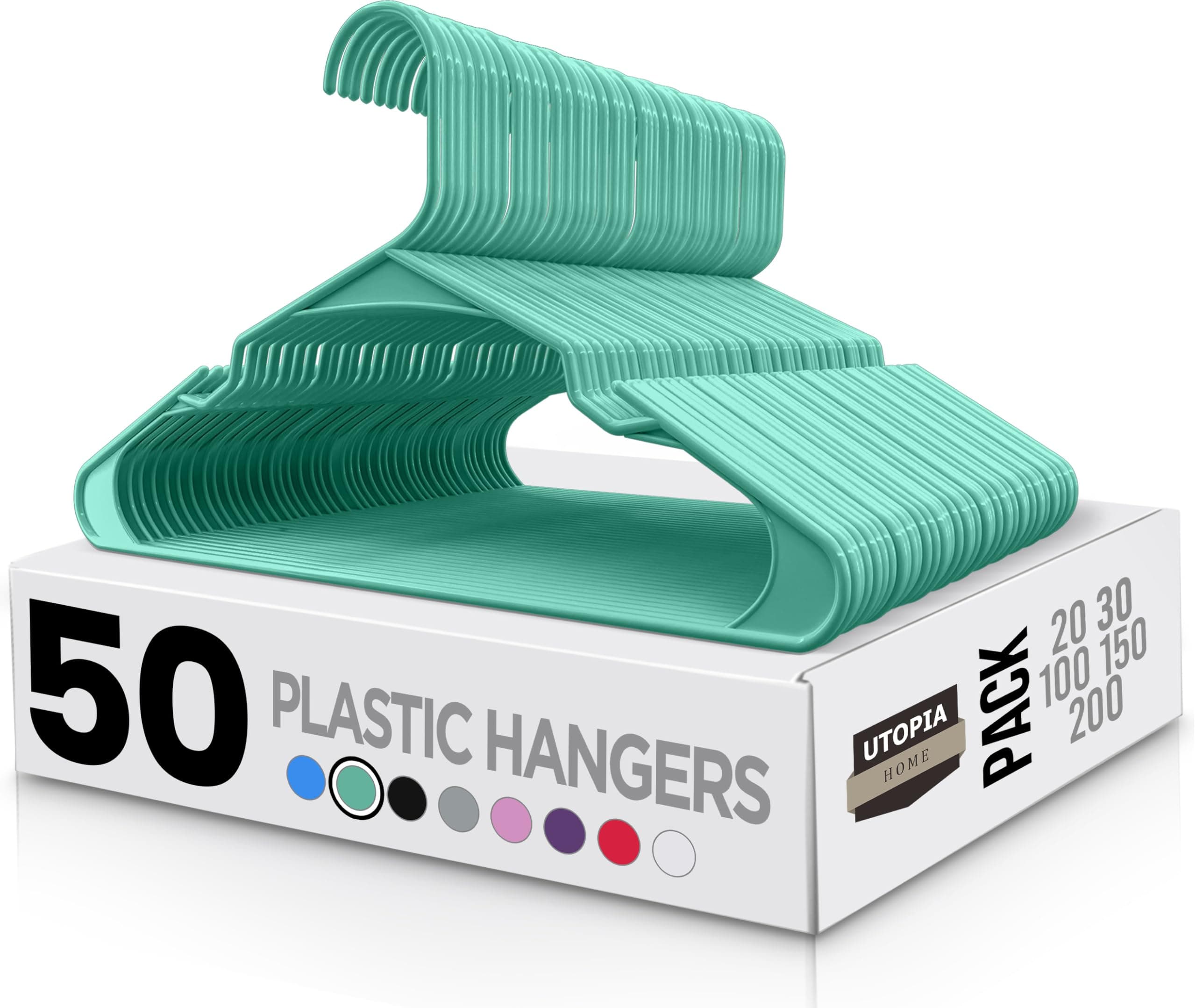 Utopia Home 50-Pack Aqua Plastic Hangers for Clothes - Space Saving Notched Hangers - Durable and Slim - Shoulder Grooves, Pack of 50