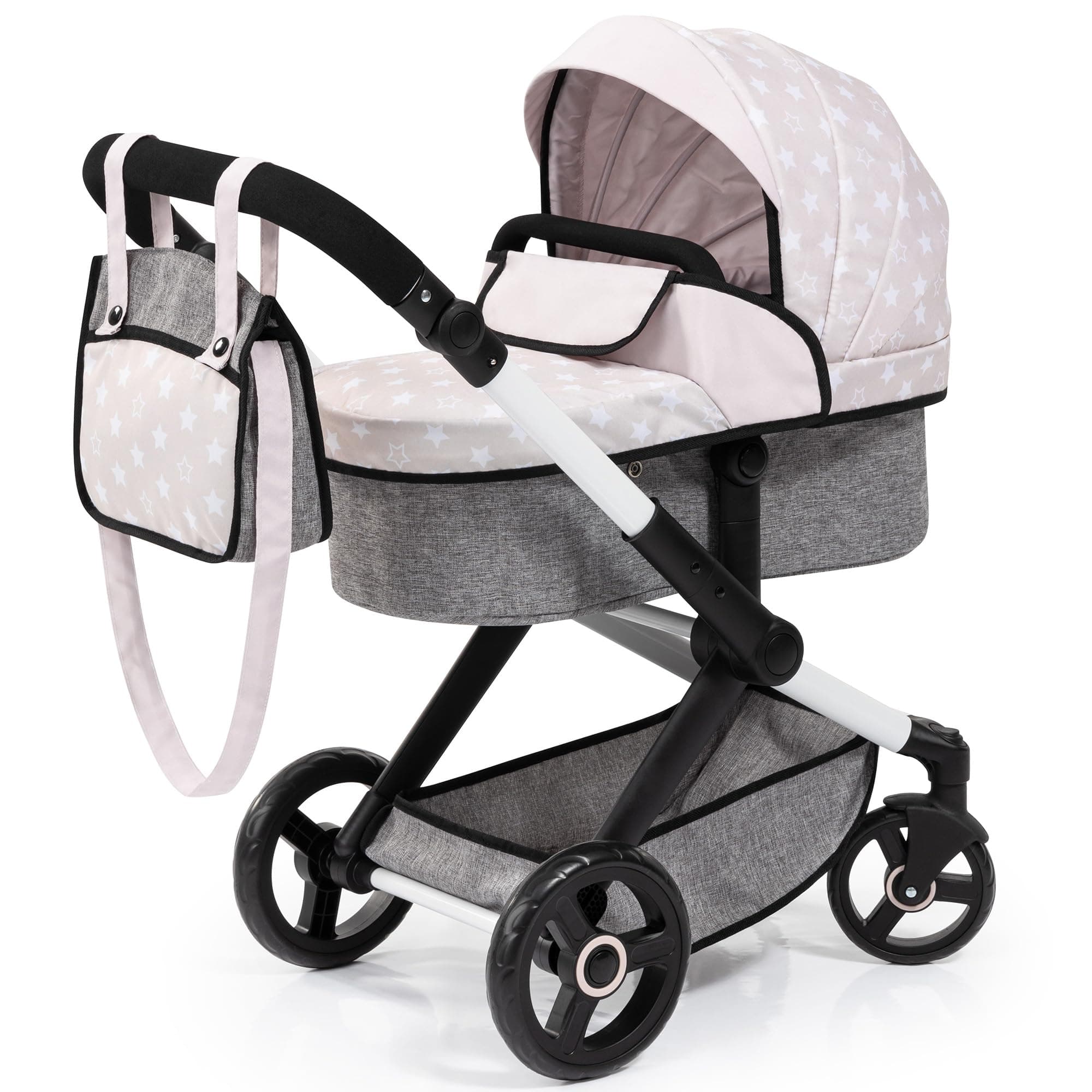 – Bayer Design 17031AA Combi dolls pram Xeo, stroller, height-adjustable handle, convertible, bag, white-grey with stars