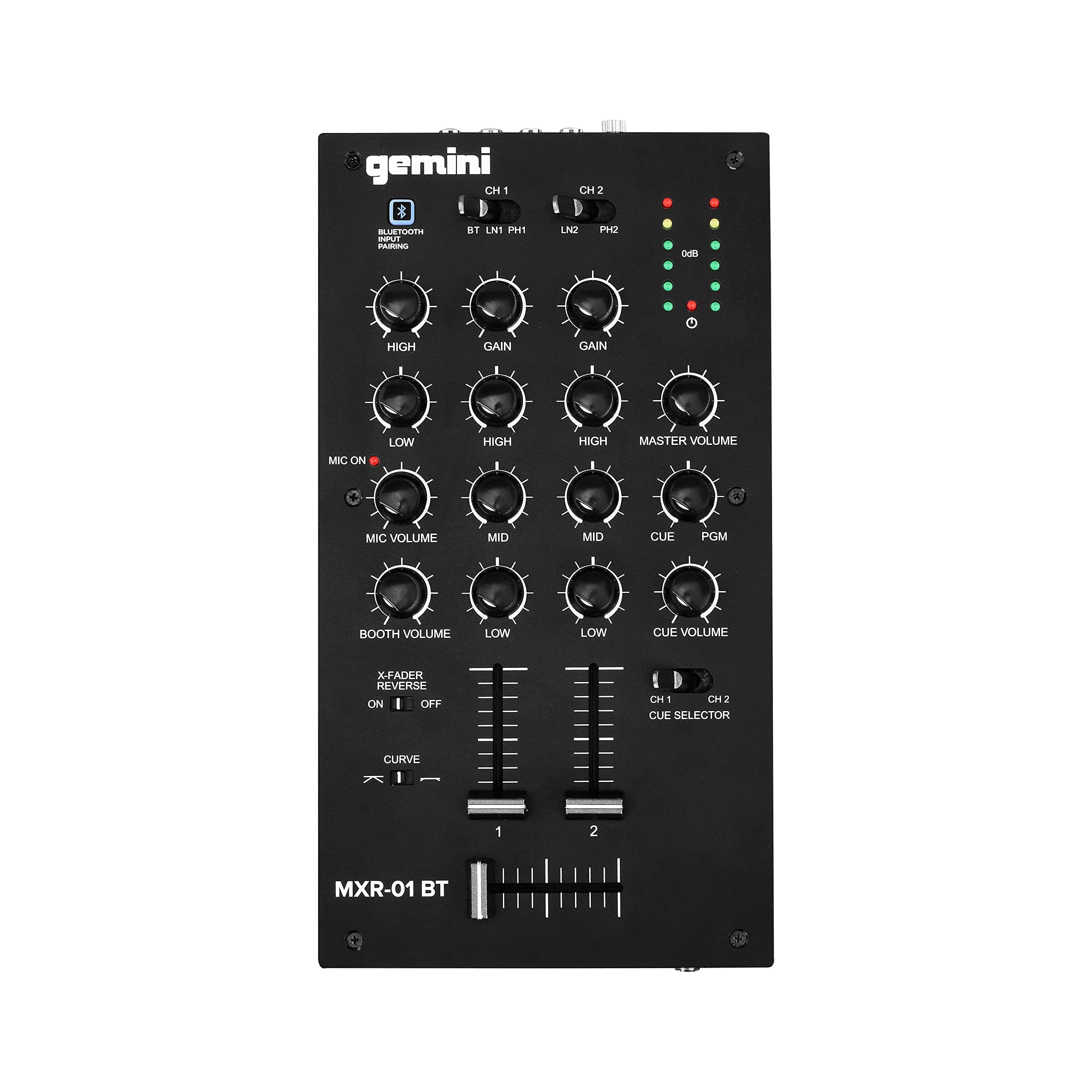 Gemini 2-Channel DJ Mixer w/Bluetooth, Mic EQ, Crossfader Curve Control, Rugged Metal Build, RCA/Balanced Outs, Compact Pro Design (MXR-01BT)
