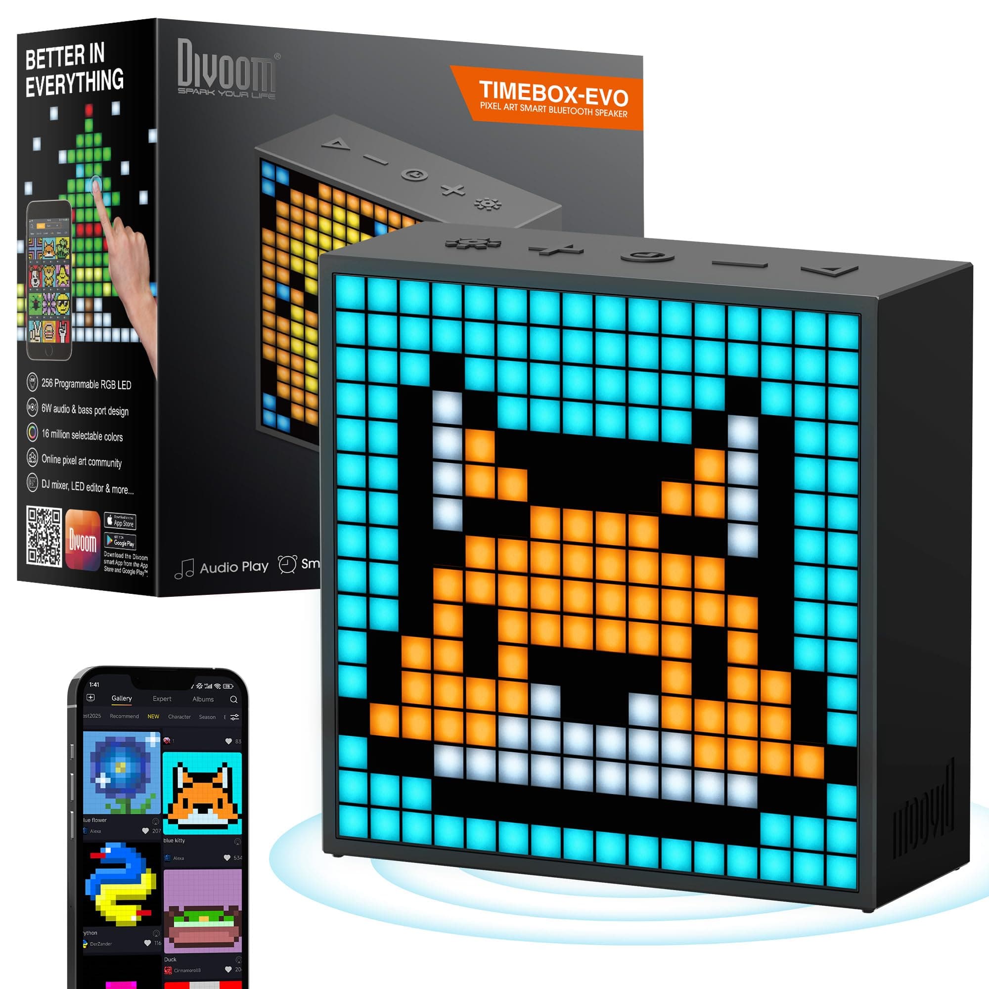 Divoom Timebox Evo Portable Bluetooth Speaker Music Playback Enhanced Bass with Clock Pixel Art Multifunction Use Hands-Free Calling 256 RGB LED Calendar (Black)
