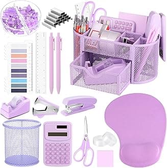 VAIPI 17 Pcs Purple Office Supplies Set Desk Organizers and Accessories with Mouse Pad, Calculator, Stapler, Staples, Scissors, Pens, Sticky Notes, Page Markers for Office School Home