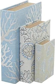 Deco 79 Canvas Faux Book Box with Varying Patterns, Set of 3 12", 9", 6"H, Light Blue