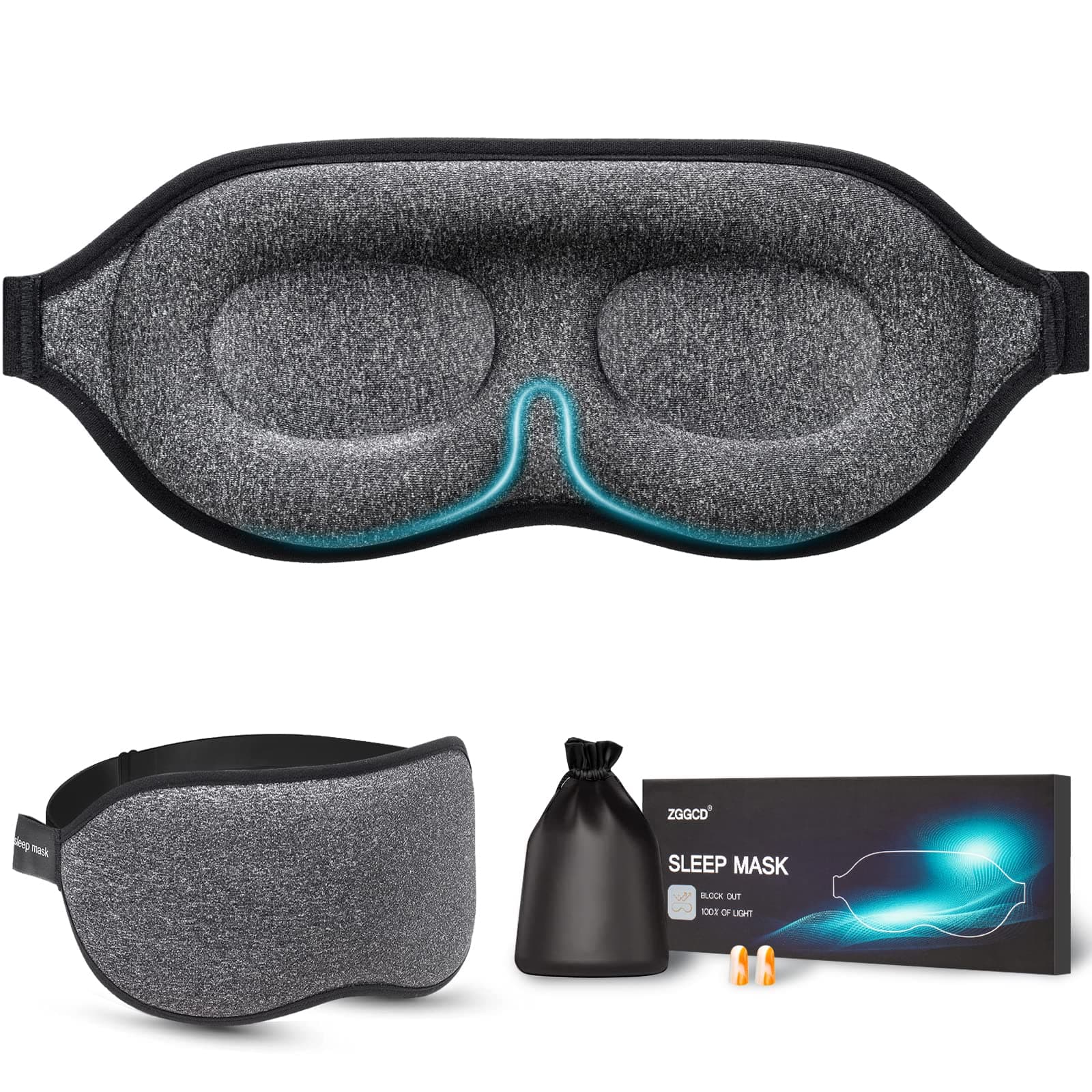 ZGGCD Sleep Mask, 100% Blackout Sleeping Mask for Side Sleeper, 3D Contoured Eye Mask for Women Men, Night Blindfold with Adjustable Strap, Soft Comfortable Eye Cover with Travel Pouch and Earplugs