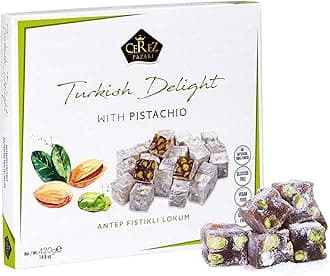 Cerez Pazari Turkish Delight Pistachio Candy Gourmet Premium Vegan Sweets Medium Gift Box 420g, Sweet Luxury Traditional Confectionery Soft Candy Dessert Glucose Free Lokum (Loukoumi)