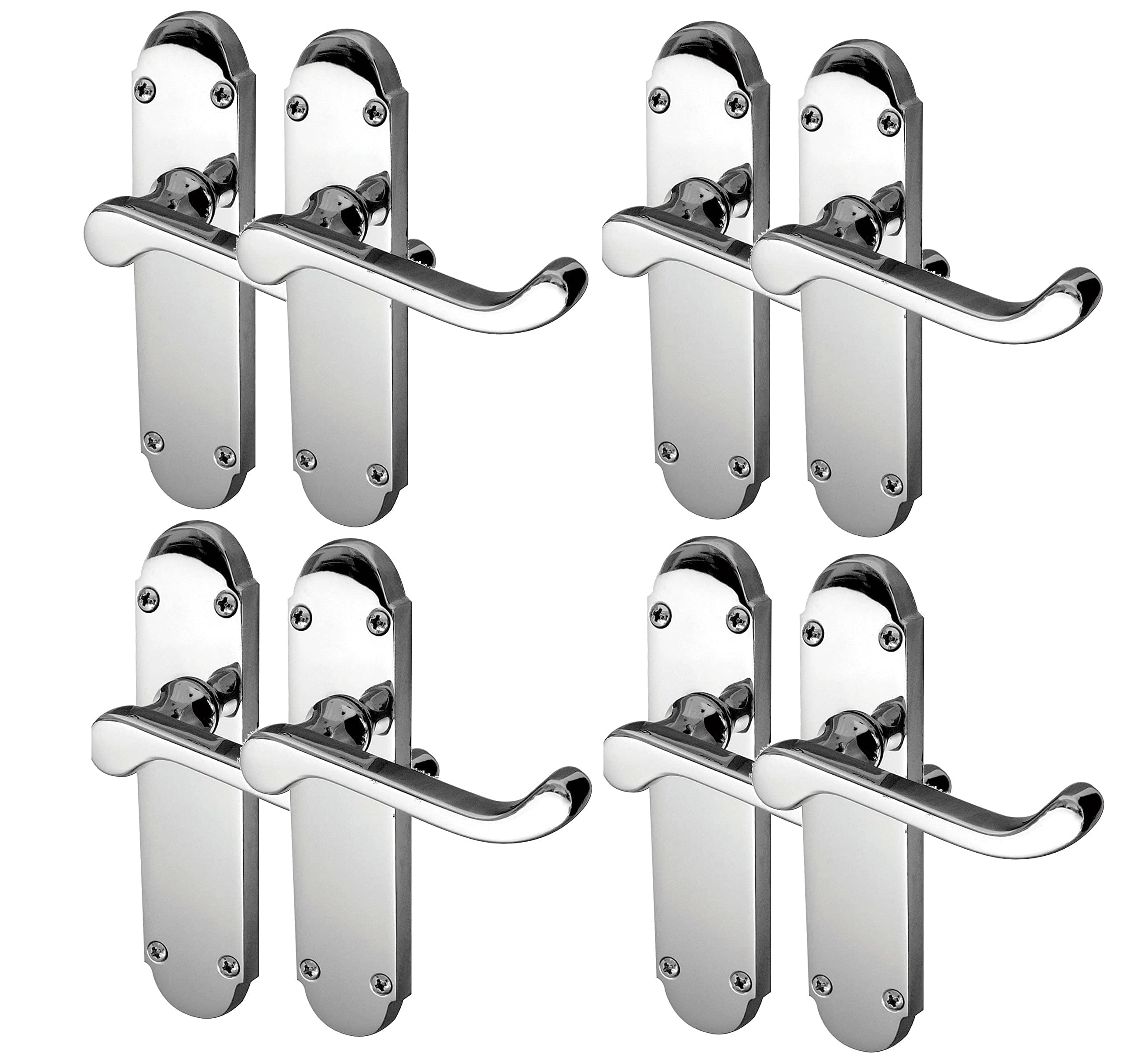 Polished Chrome Door Handle Sets – Epsom Silver Lever Handles for Internal Doors – 4 Pairs – Backplate Size 170mm x 42mm – Modern Interior Handle Sets – Ideal for Bedrooms, Bathrooms & Living Rooms