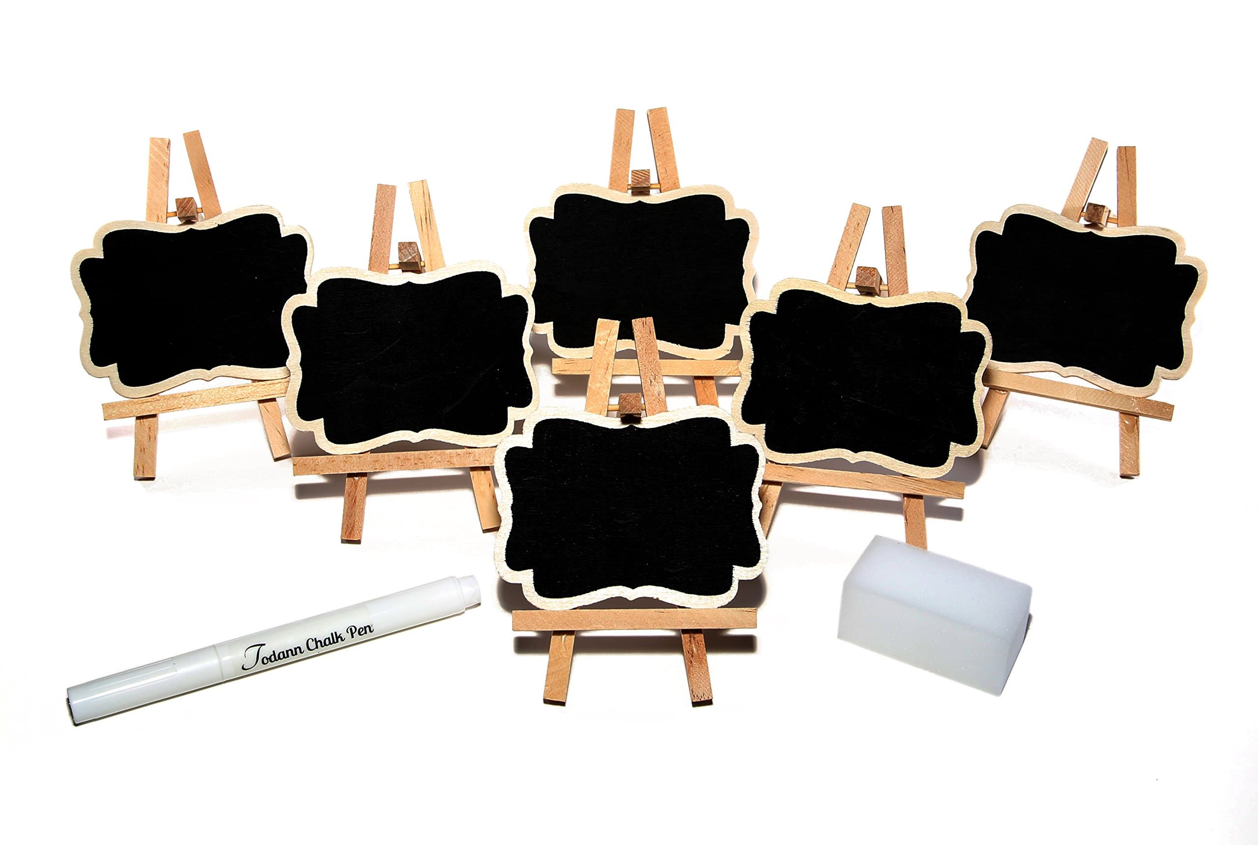 6 Piece Mini Chalkboard Easels, White Liquid Chalk Pen & Erasing Sponge, use for Weddings, Parties, Table Numbers or Place Cards