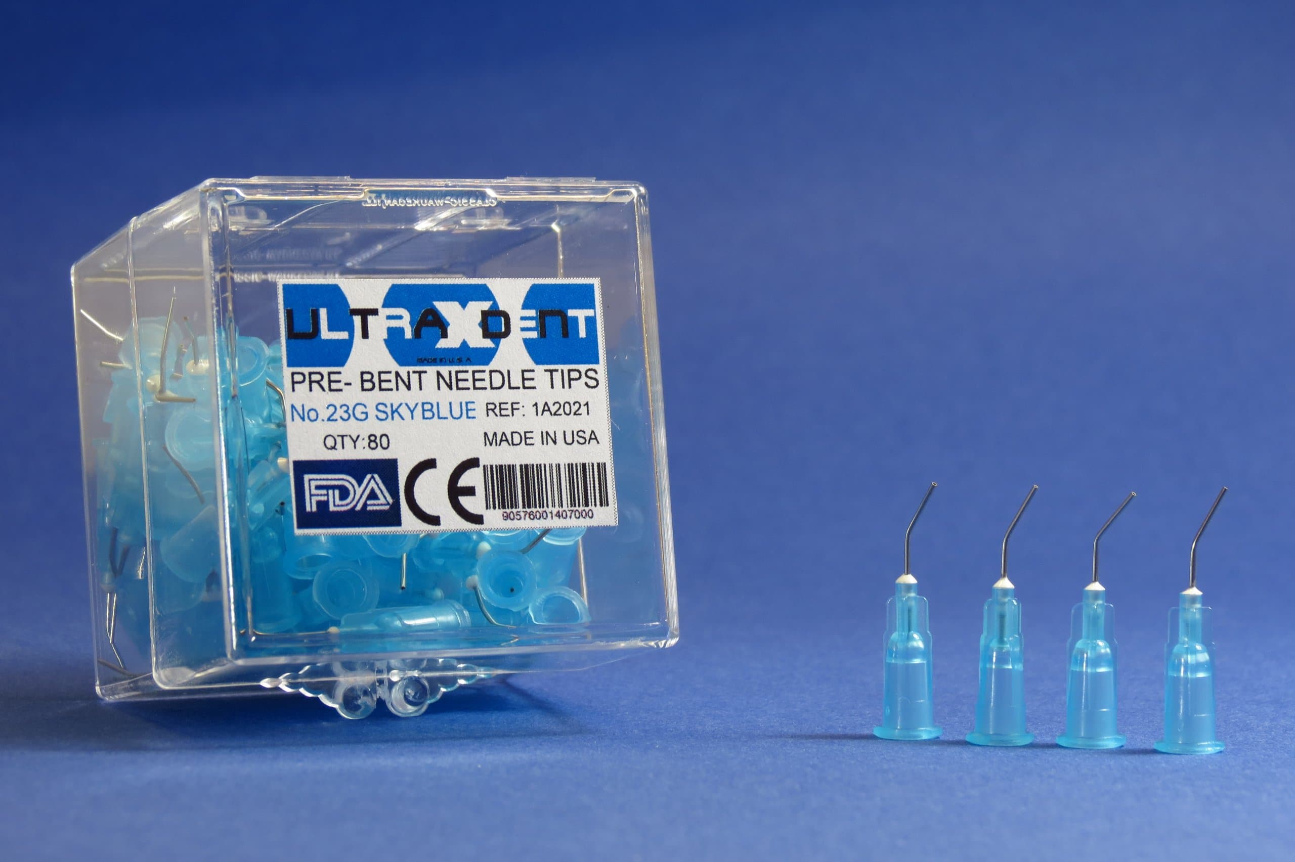 Dental Pre-Bent Needle Tips 23g Sky Blue Set Of /80 With Storage Box ULTRAXDENT USA