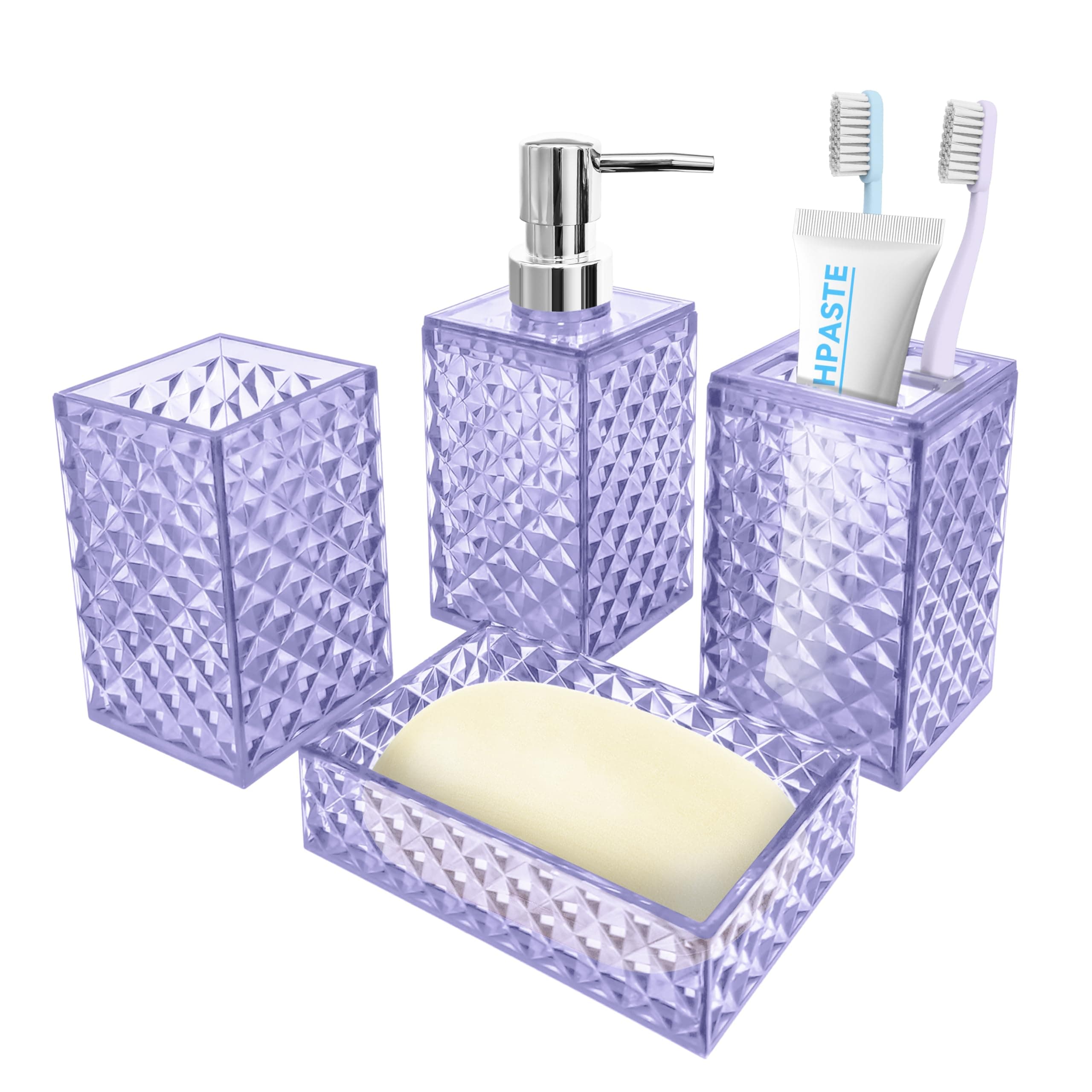 Bathroom Accessory Set, 4 PCS Light Purple Bathroom Accessories Set, Soap Dispenser and Toothbrush Holder Set, Soap Dish and Mouthwash Cup, Boho Bathroom Decor, Bathroom Sets Accessories