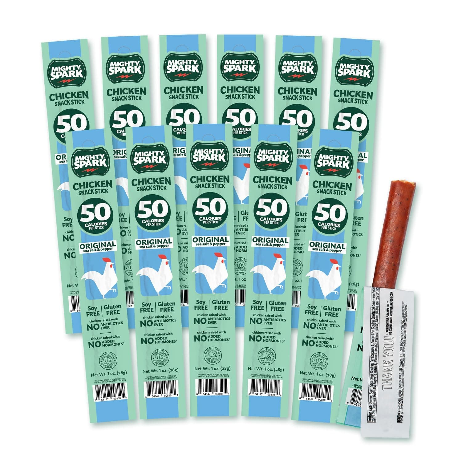 Mighty Spark Chicken Snack Sticks - Original Sea Salt & Pepper- 6g of Protein, No Antibiotics Ever, No Hormones Added, Gluten Free, Soy Free Meat Sticks - High Protein Keto Snacks - 12 Count