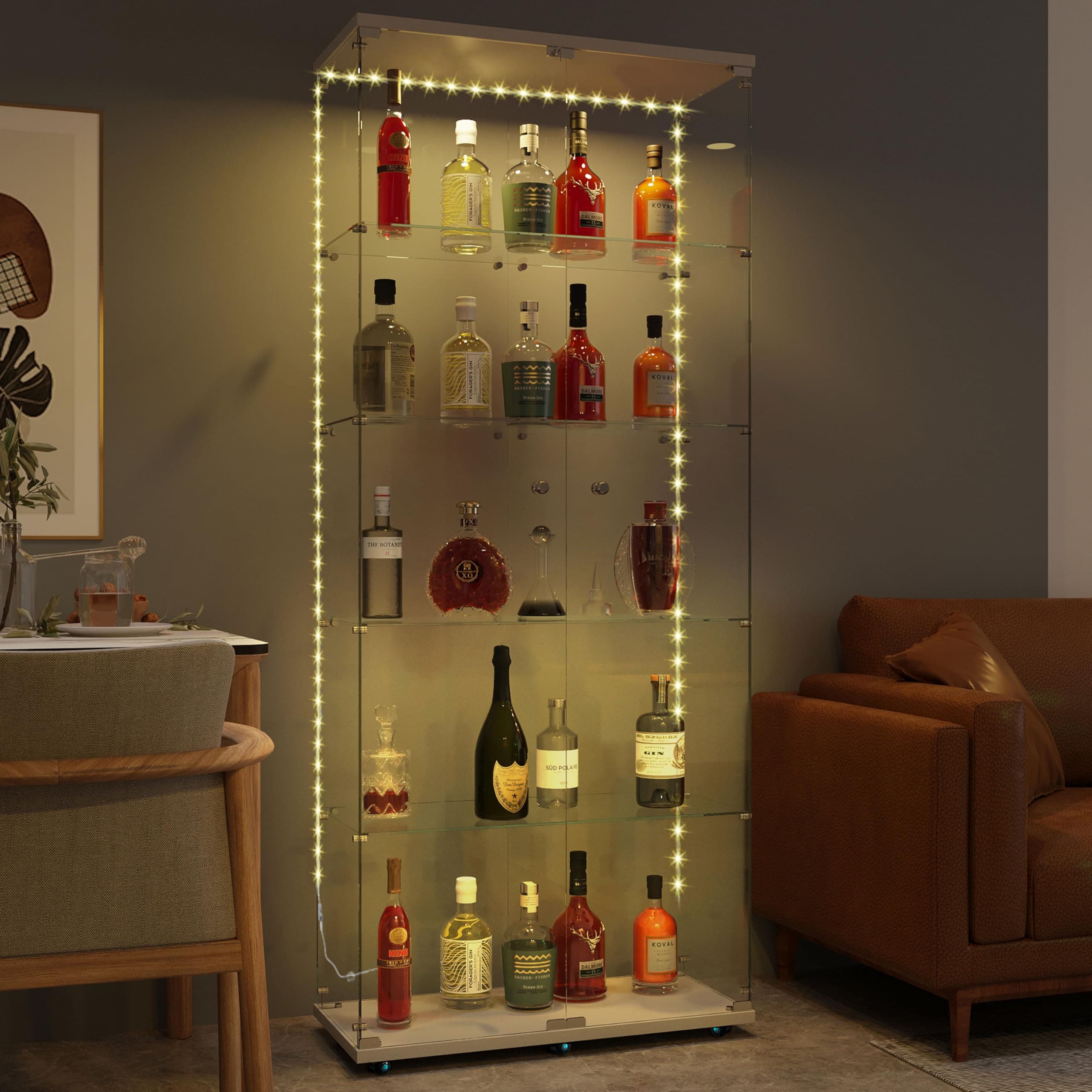 Modern Glass Display Cabinet 5-Shelf with LED Light, Lock and Wheels, 2 Door Curio Cabinets,Tempered Glass Collection Display Showcase for Living Room Home Office,30.9x13.5x76 H,White