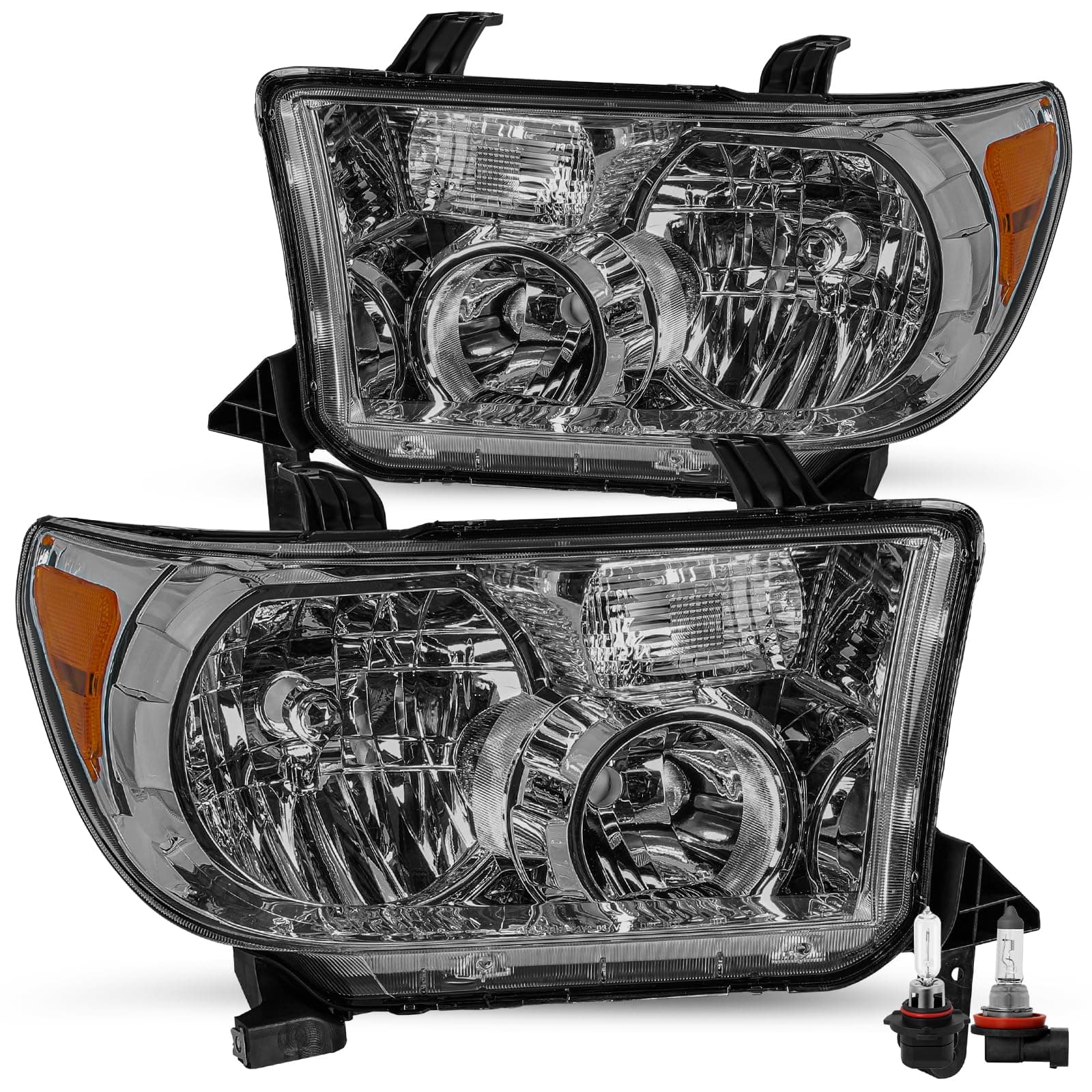 JSBOYAT Headlight Assembly Fit for 2007 2008 2009 2010 2011 2012 2013 Toyota Tundra / 2008-2017 Sequoia Amber Reflector with Smoke Lens (Bulbs Included),w/o Headlight Leveling Adjuster