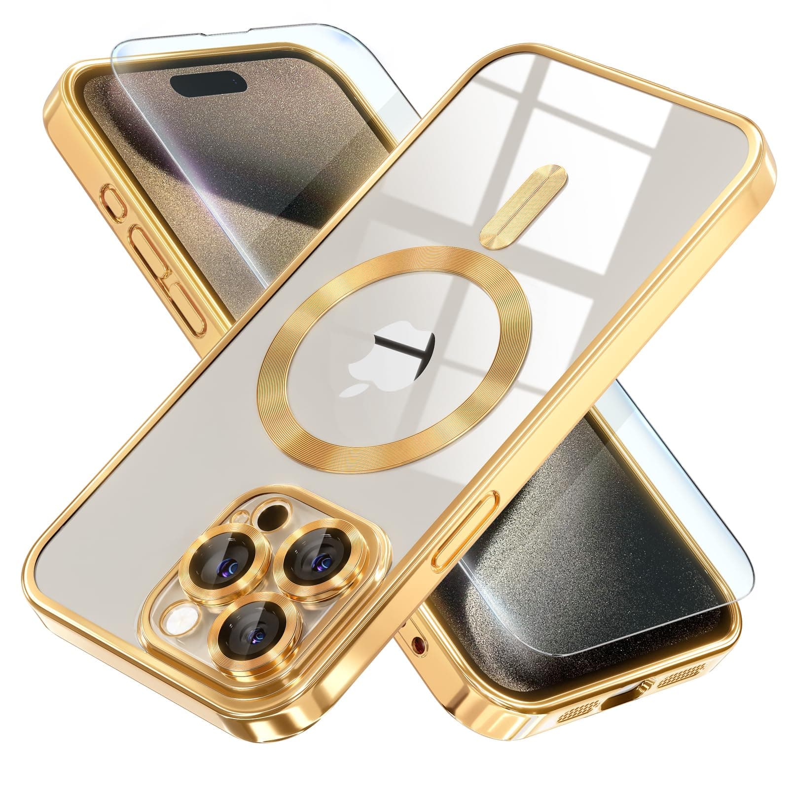 Magnetic for iPhone 15 Pro Max Case with MagSafe [Never Yellowing] [Military Grade Drop Protection] Full Camera Lens Protector Plating Soft Clear Phone Case for Women Girls, Gold