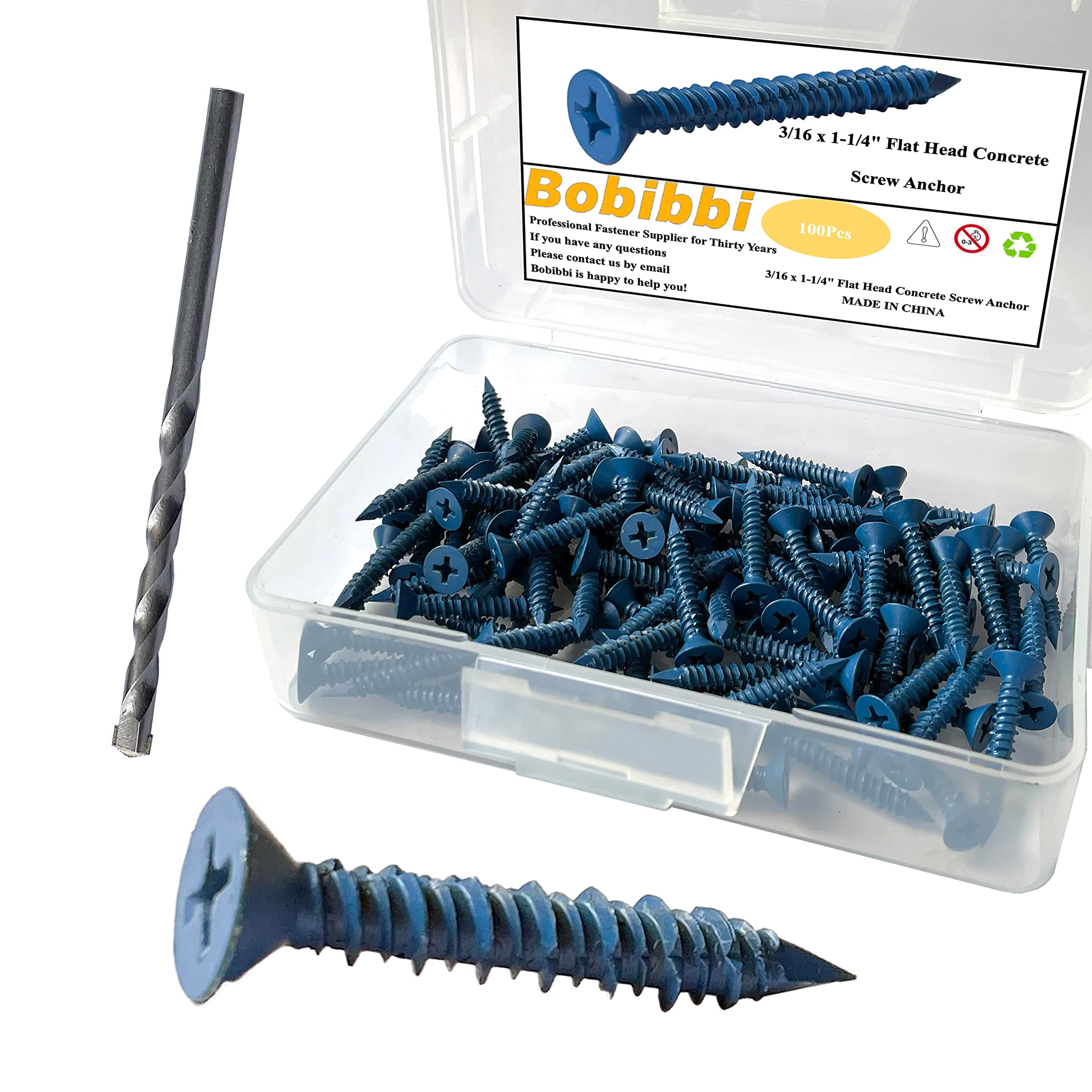 3/16 x 1-1/4" Flat Head Concrete Screw Anchor, for Anchoring to Masonry, Block or Brick (100Pcs)