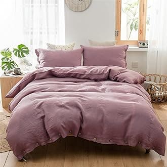Simple&Opulence 100% Linen Duvet Cover Set 3pcs with Coconut Button Closure Natural French Washed Flax Solid Color Soft Breathable Farmhouse Bedding - Purple, King Size