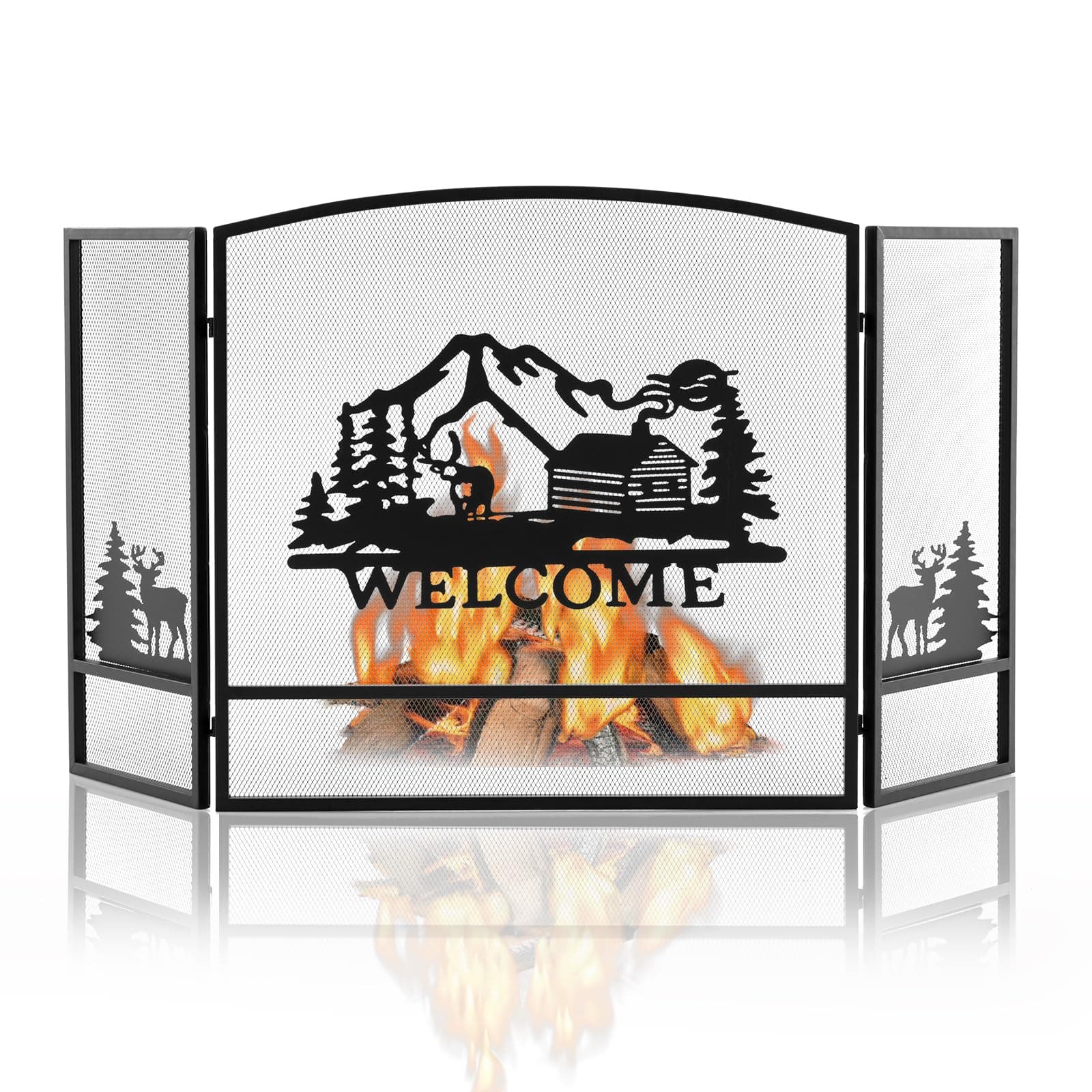COSTWAY 3-Panel Metal Fireplace Screen, 55” x 29.5” Foldable Fire Spark Guard Grate with Natural Scenery and Moose Pattern, Free Standing Furnace Fireguard Mesh Cover, Black