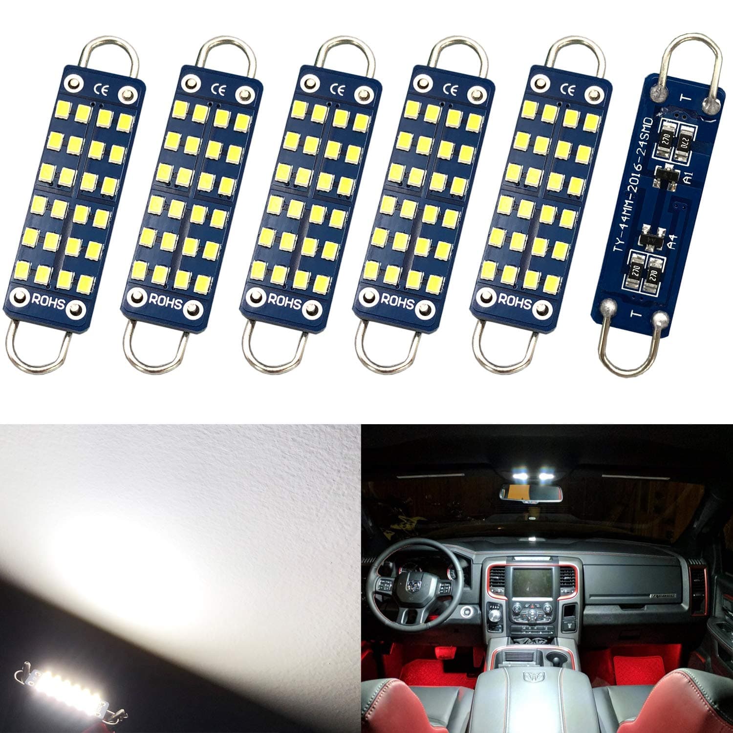 6-Pack 44mm 1.73" White 211-2 212-2 561 562 567 564 RL4410 Non-Polarity Festoon LED Bulb 2012 Chip 24 SMD 12V Rigid Loop Interior Light for Dome Map Buick Engine Compartmen Bulb