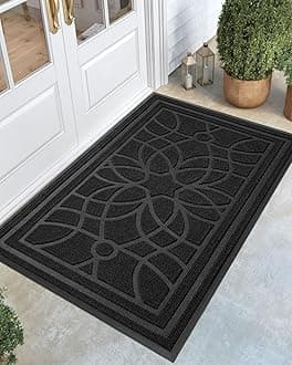 Front Door Mat Outside Entrance, Heavy Duty Non Slip Low Profile Doormat for Entryway, Trap Dirt and Moisture Welcome Mats, Easy Clean, Patio, Garage, 5x3, Black