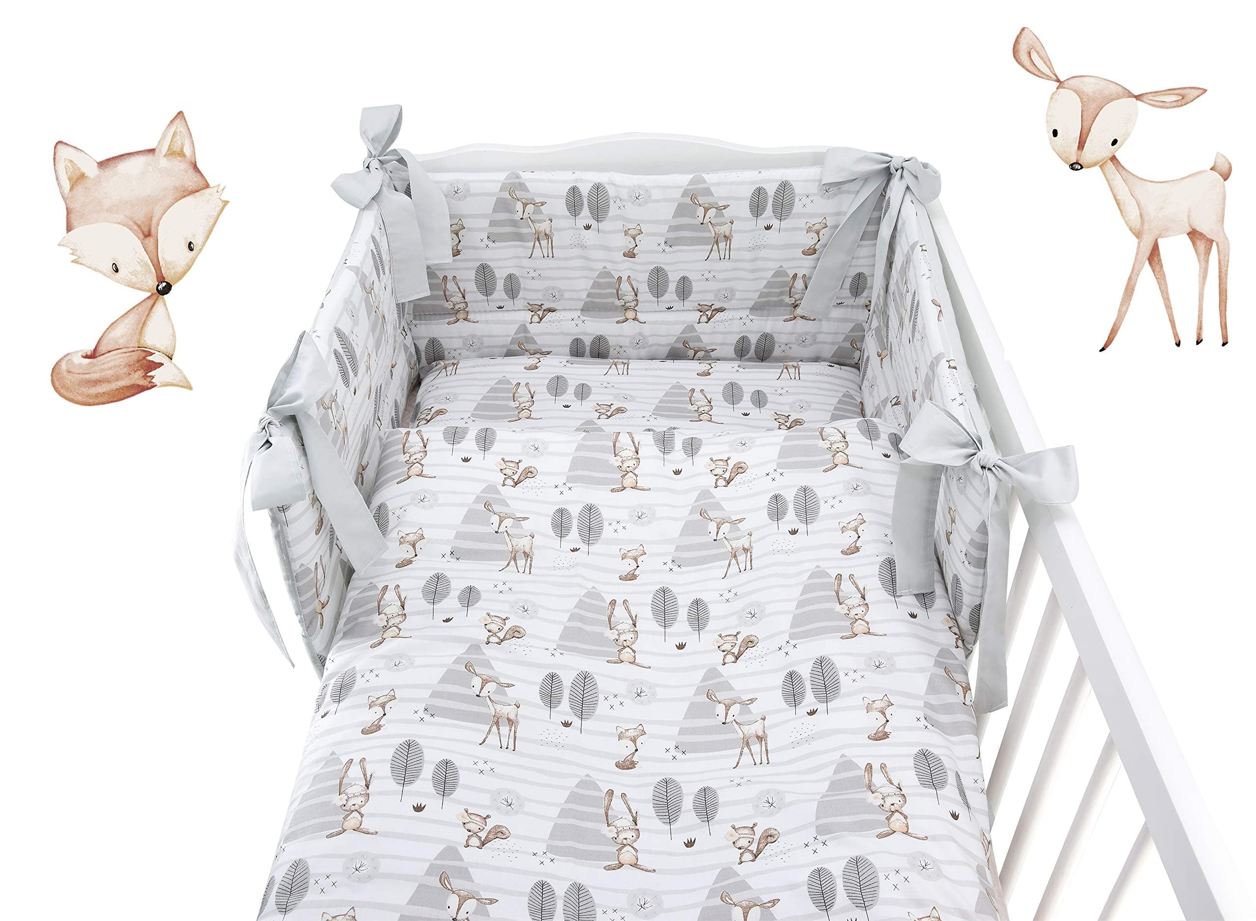 5 Pieces Baby Cot Bedding Set for COT 120X60 OR COT Bed 140X70cm Inc -Duvet+Pillow+Duvet Cover+Pillow CASE+ Bumper (Forest Animals/Grey Back, Cot Bed 140x70(Mattress Size))