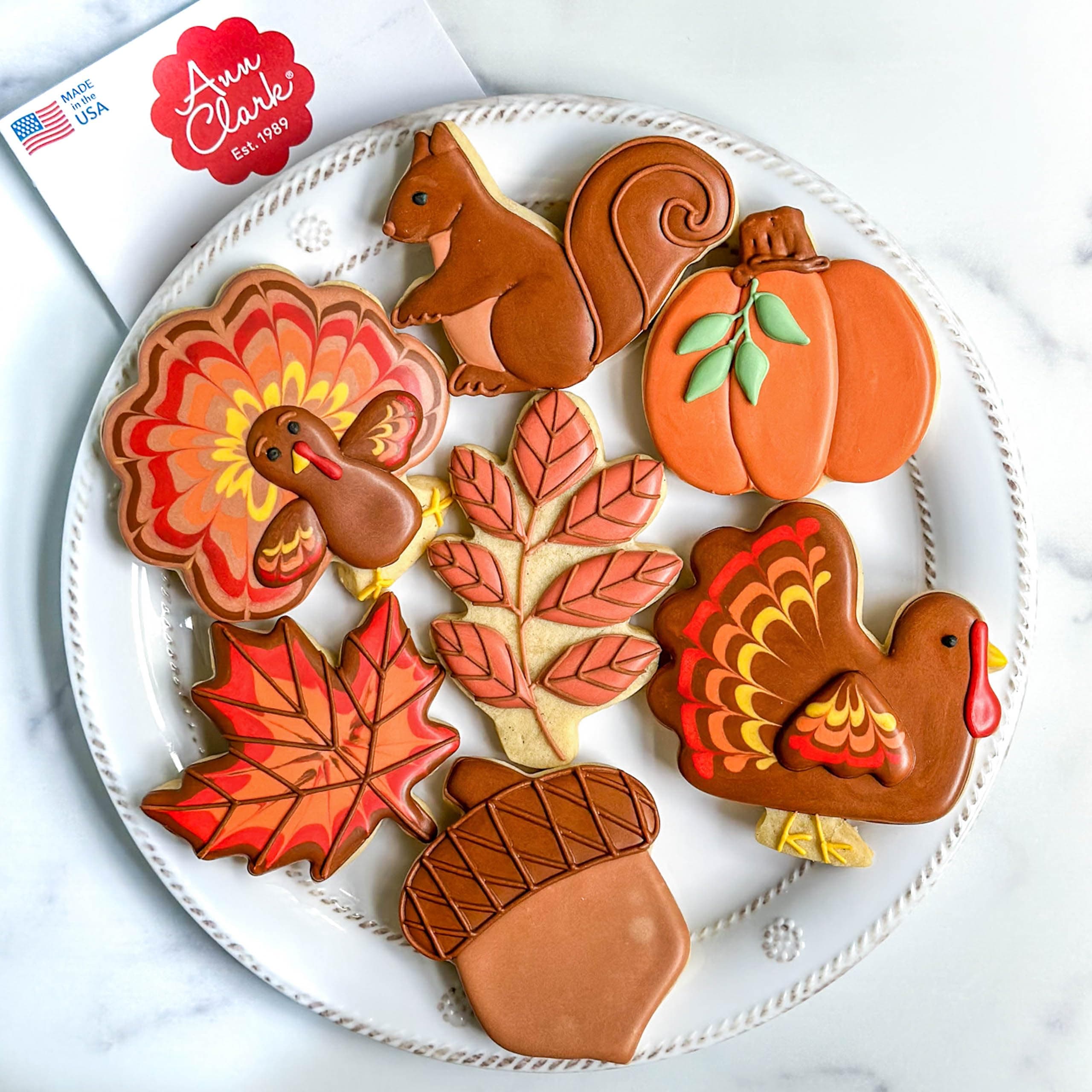 Fall and Thanksgiving Cookie Cutters Set 7-Pc. Made in the USA by Ann Clark, Pumpkin, Maple Leaf, Turkey, Squirrel, Acorn