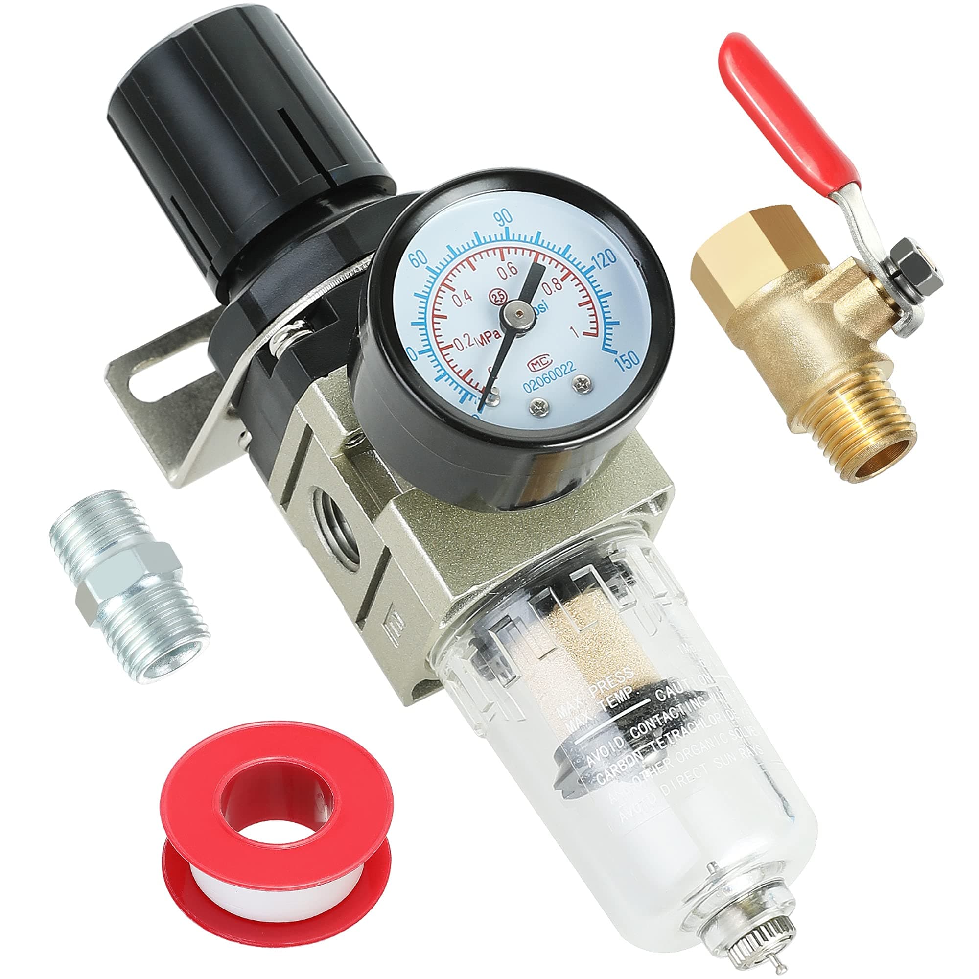 Compressed Air Filter Regulator Combo Piggyback 1/4 Inch, Heavy Duty Brass Shut Off Ball Valve, Water Separator w/Pressure Gauge and Bracket, Manual Drain AW2000-02