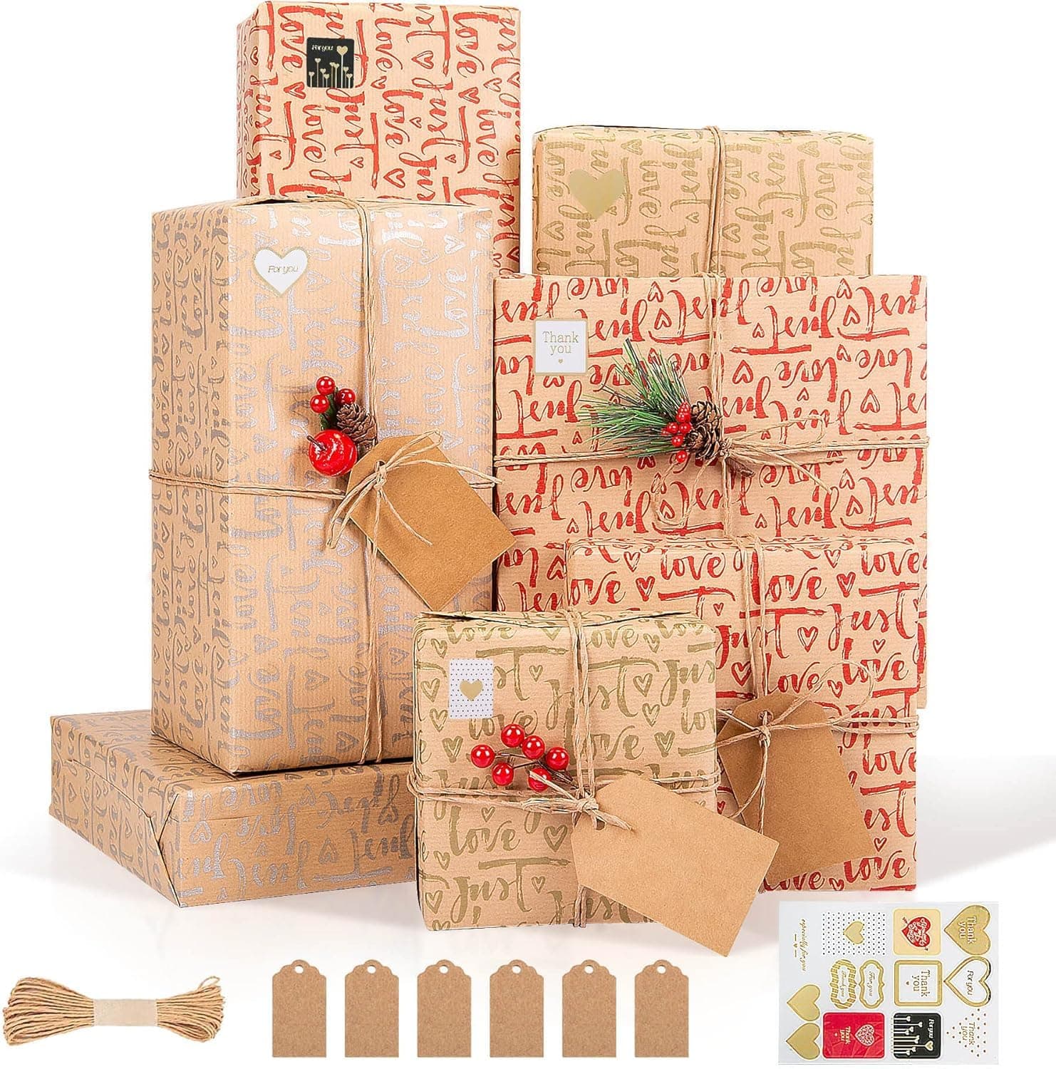 6 Sheets Gift Wrapping Paper Set, With Love Print With Twine, Gift Tags, Stickers and Tape – Eco-Friendly Wrap for Birthdays, Holidays, and Special Occasions.