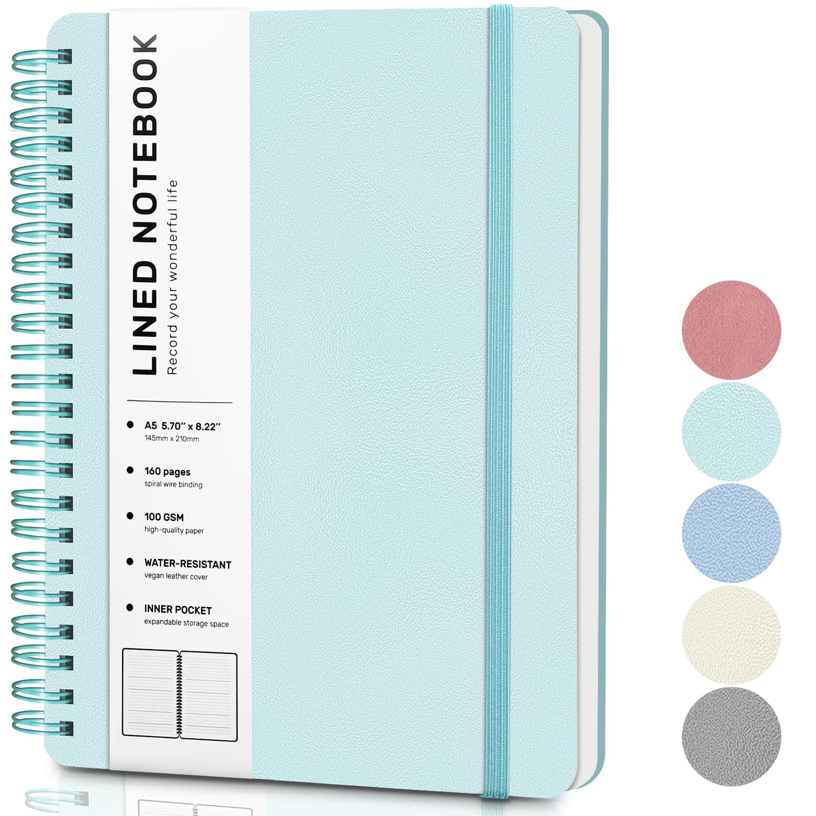 Light Green Lined Spiral Journal Notebook with 160 Pages, 8×5.7in, A5 Spiral Notebook, Journaling Notebooks for Work, School, Women, Men, College Ruled Spiral Notebook, Hardcover Leather Journals