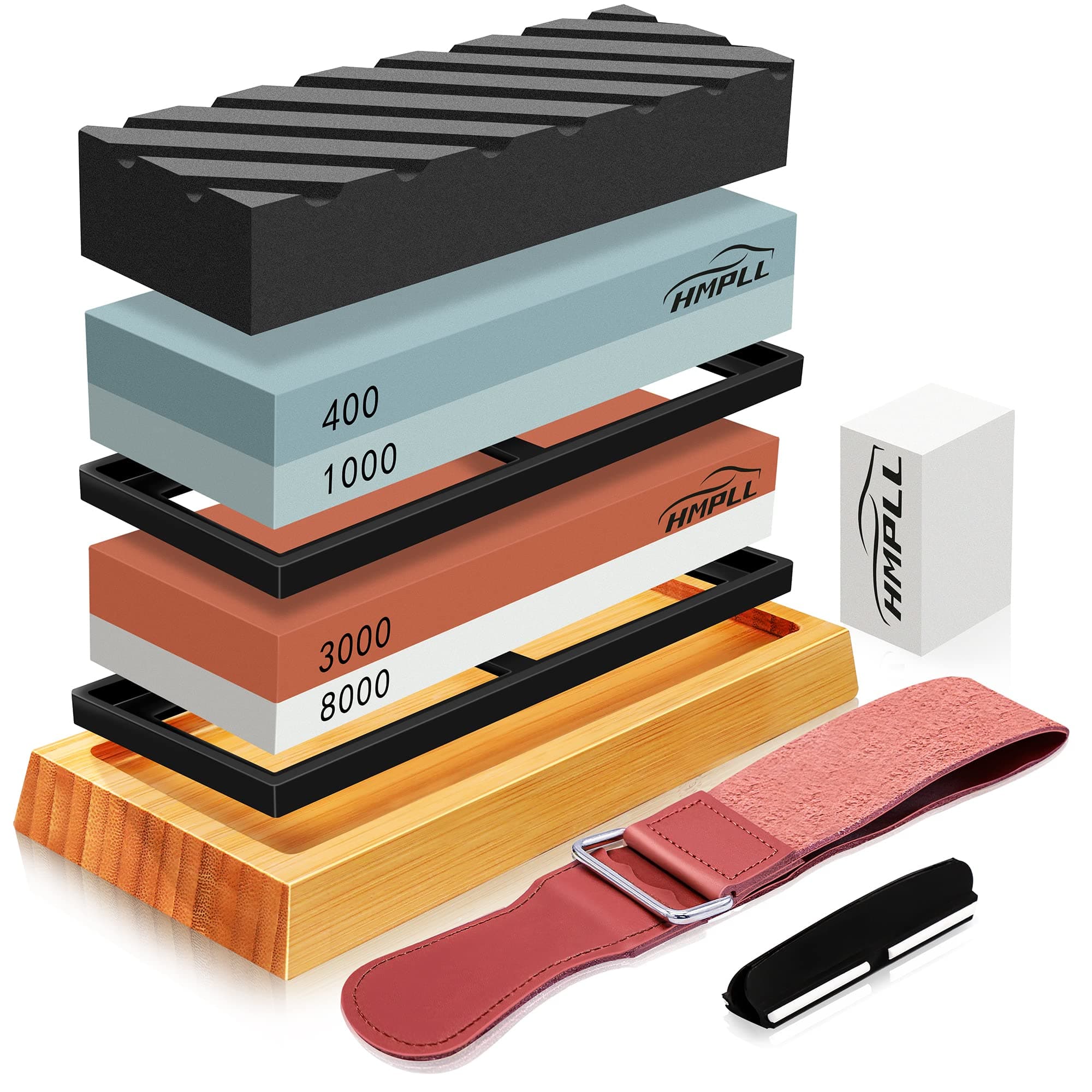 Knife Sharpening Stone Set, Whetstone Knife Sharpener Stone Set 4 Side Grit 400/1000 3000/8000, Professional Include Non-Slip Bamboo Base, Leather Strop, Flattening Stone & Angle Guide