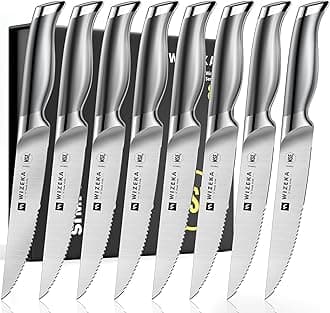Steak Knives Set of 8 - German Stainless Steel - 5 Inches Serrated Straight Edge Steak Knife Set, One Piece Design Knife Set of Steak with Box, Silver Wings Series
