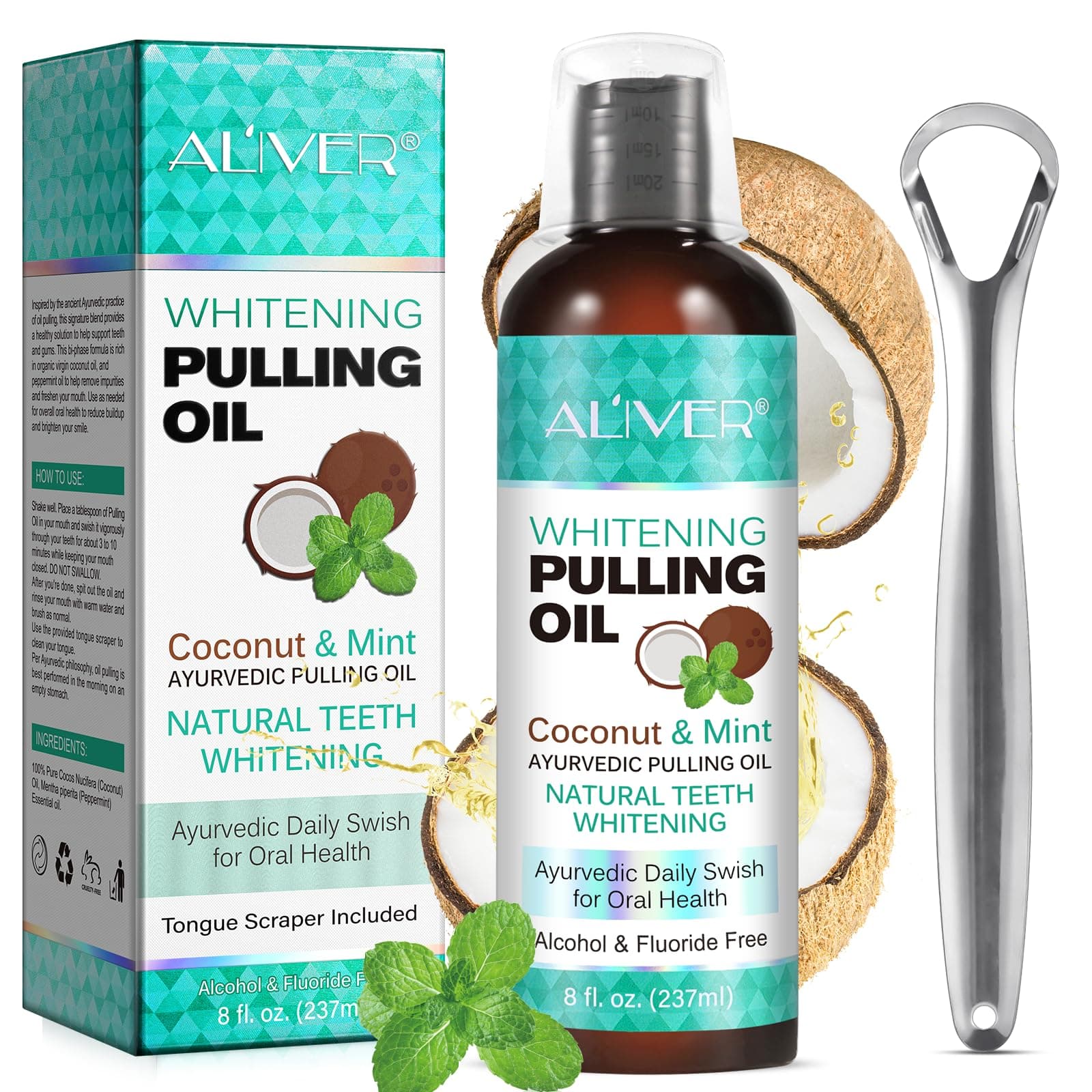 Coconut Pulling Oil (8 Fl.Oz), Mint Oil Pulling Mouthwash with Tongue Scraper Alcohol Free Natural Coconut Oil Pulling for Teeth Whitening,Fresh Breath and Healthier Gum (1PC)