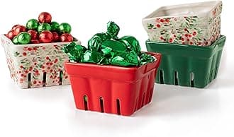 Christmas Ceramic Fruit Baskets, Farmhouse Berry Bowl, Colander, Kitchen Holiday Decor, Red Green and Winter Cranberry Pattern Set of 4 Baskets Empty. Reusable Fruit Gift Basket