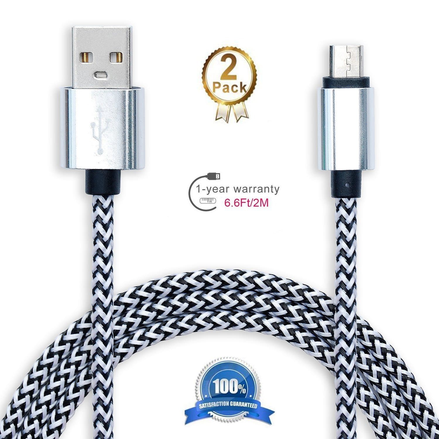 [Micro USB to USB Cable] 6.5 Feet Nylon Braided Fabric Micro USB Android Cable Charging & Sync Data Charger Cable Cord for Android Samsung and More (6.5ft white-2pack)