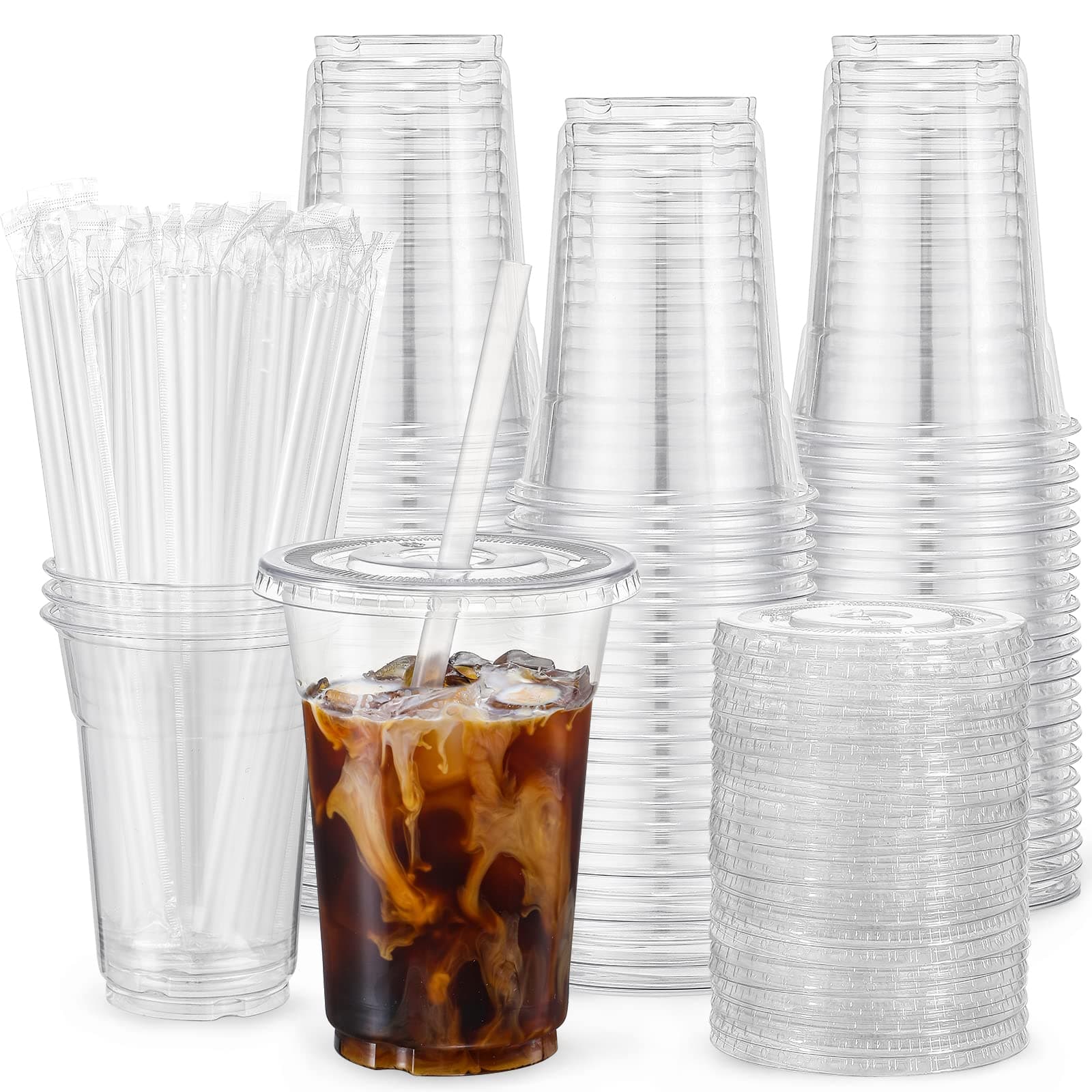 [100 Sets - 16oz] Plastic Cups with Lids and Straws, Disposable Cups for Iced Coffee, Smoothie, Milkshake, Cold Drinks - Clear