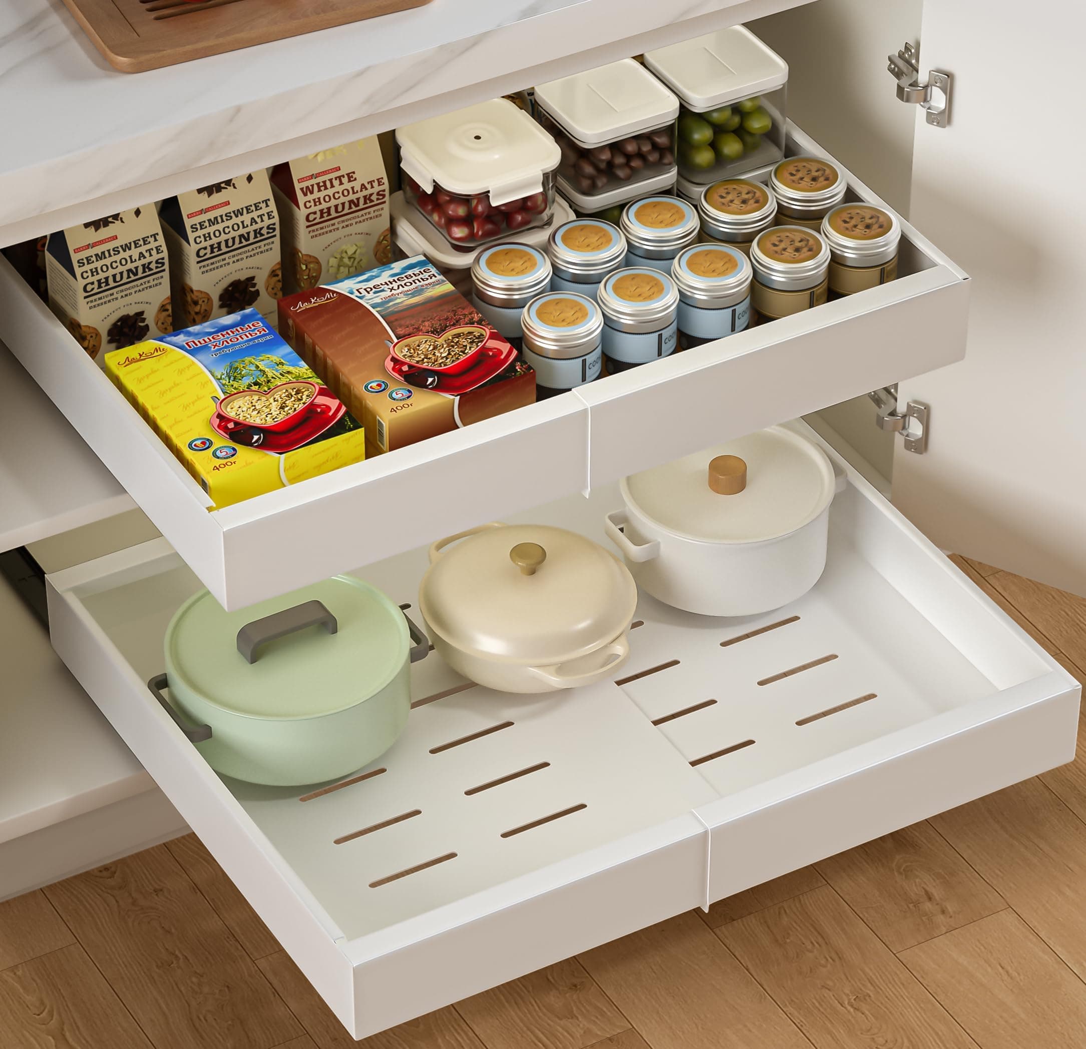 Expandable Pull Out Cabinet Organizer Adhesive, Peel And Stick Slide Out Drawers for Kitchen Cabinets,1pack Cabinet Pull Out Shelves For Kitchen Pantry Organization Adjustable Width 12.4"-20.47" White