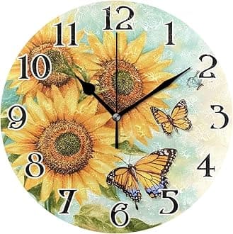 ALAZA Sunflowers Butterflies Flowers Butterfly Wall Clock Battery Operated Kitchen Clock 9.5 Inch Bathroom Clock Non Ticking Round Decorative Desk Clock Bedroom Living Room Decor