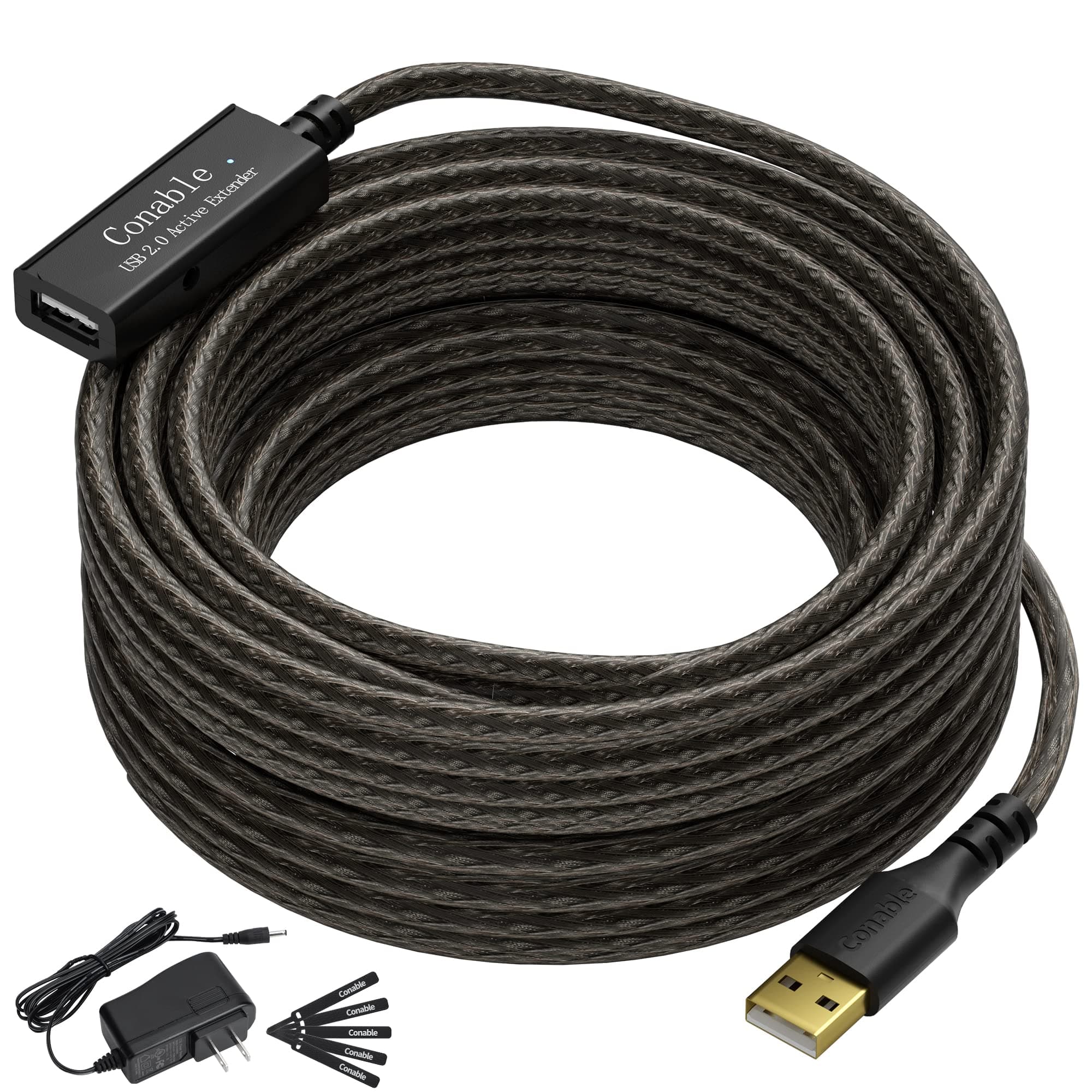 Long Active USB Extension Cable 50 Feet, 22AWG USB 2.0 Type-A Male to Female Cord with an Extension chipsets Signal Booster, Active Repeater Cable with an AC Power Supply, 5 Cable Ties- 50 ft (15.25M)