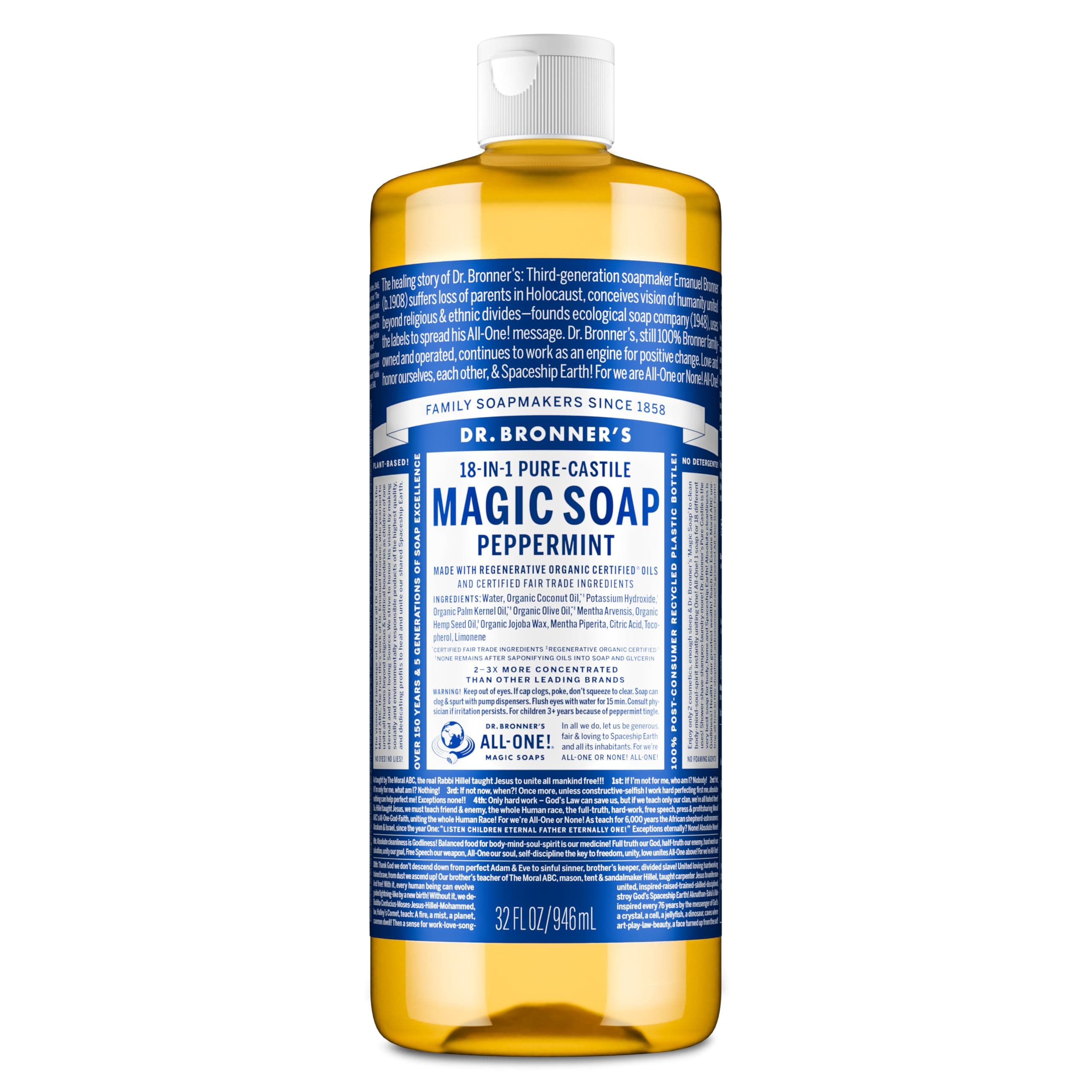 Magic Soaps Pure Castile Soap 18-in-1 Hemp Peppermint, 32 Oz Bottle