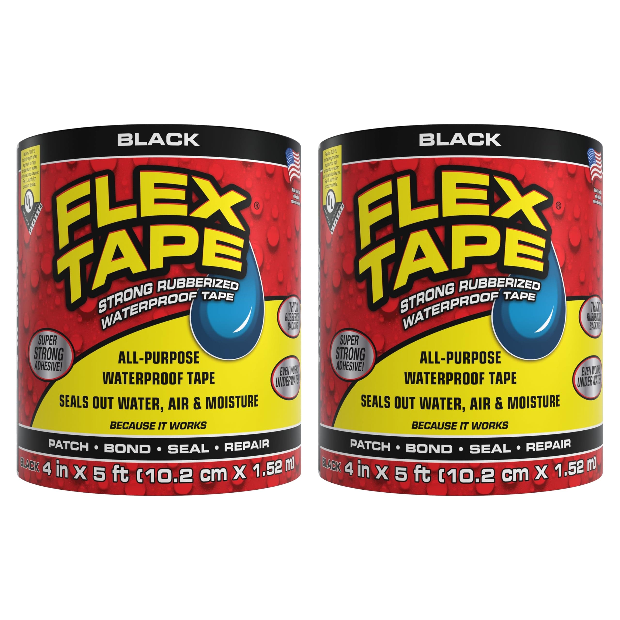 Flex Tape Rubberized Waterproof Tape, 4" x 5', Black (2 Pack)