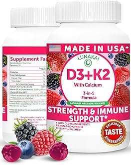 Lunakai USA Made Vitamin D3 K2 Gummies with Calcium – 3-in-1 Daily Vegan Supplement for Bone & Immune Support for Women, Men & Kids, 60ct