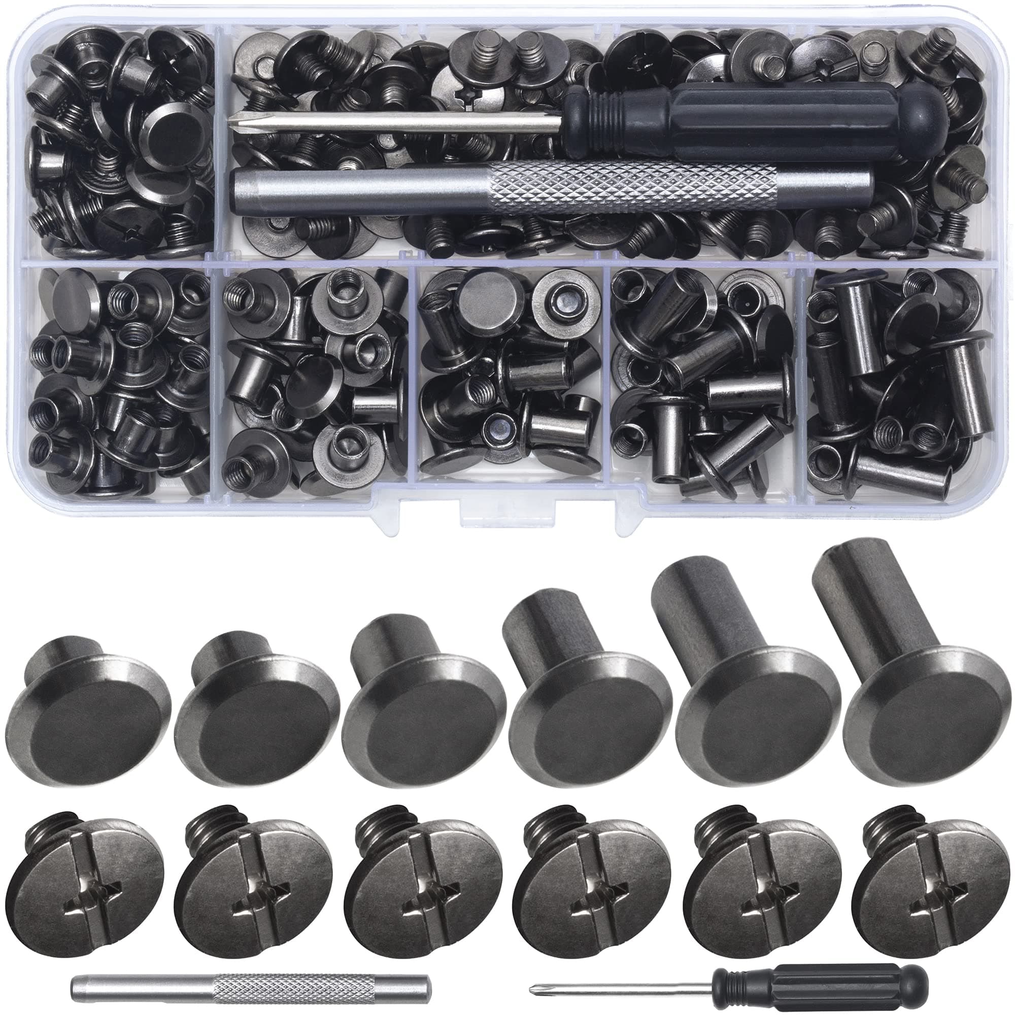 110Sets Chicago Screws Leather Rivets Assorted Screw Rivets Chicago Binding Screws for Decorate and Repair Leather Craft Belt Bag Shoes Purse Bookbinding (Gunmetal Black, M5*4,5,6,8,10,12)