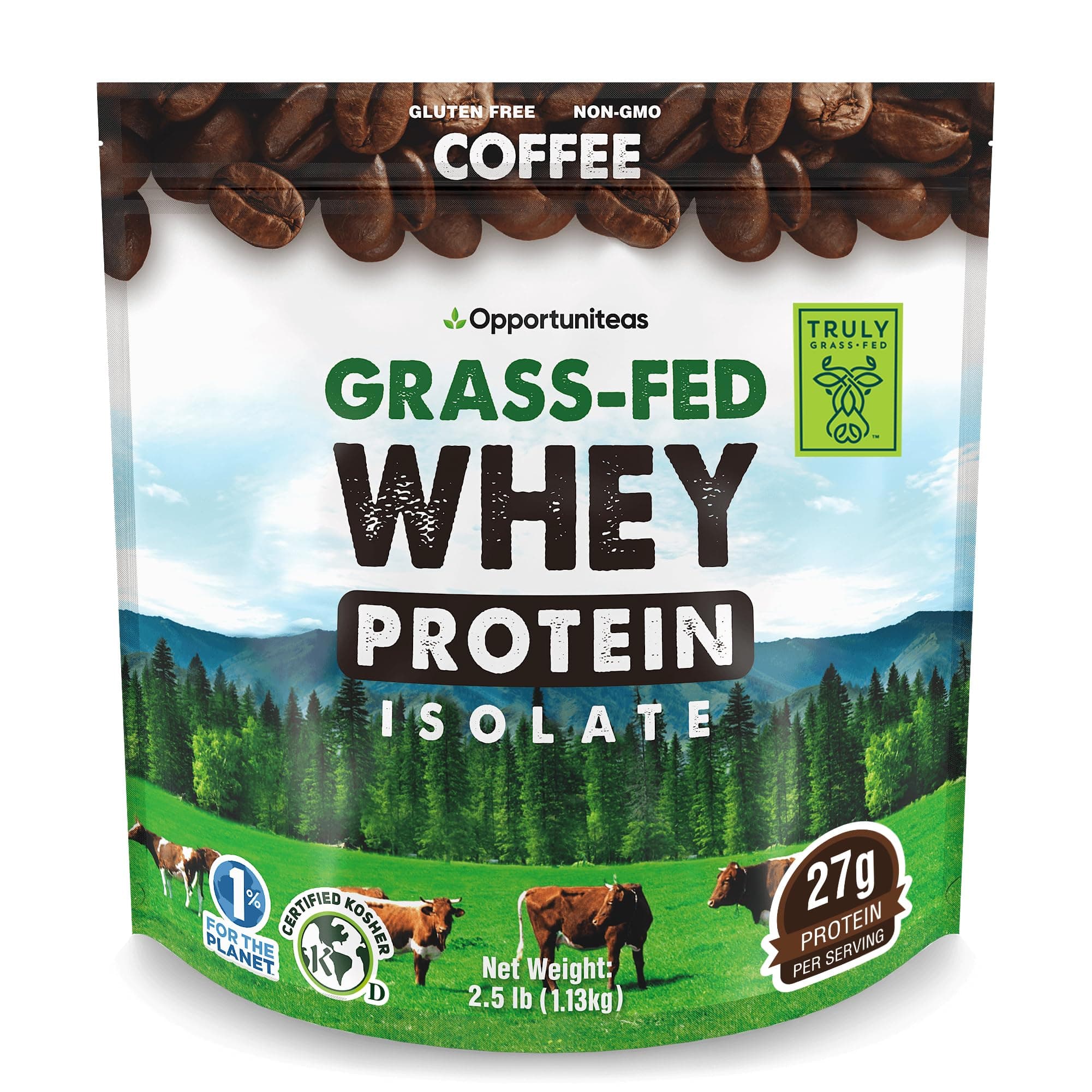 Opportuniteas Grass Fed Coffee Whey Isolate Protein Powder – 27 g Protein per Serving, Heavy-Metal Tested, Made with Real Colombian Coffee, Non-GMO, Hormone-Free, Sourced from Ireland, 2.5 lb