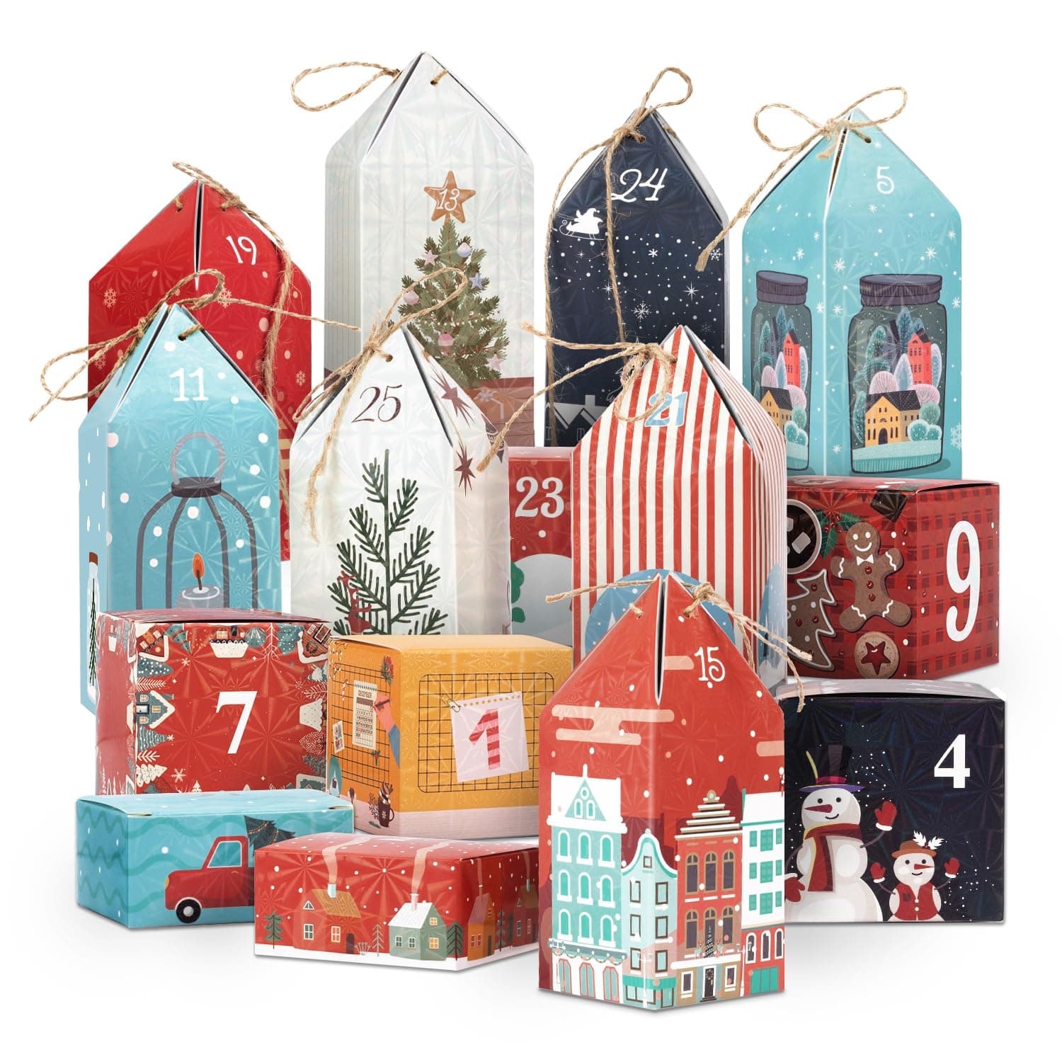 DIY Christmas Advent Calendar Boxes to Fill, 25 Numbered Empty Advent Calendar Houses Boxes, 2024 Countdown Advent Calendars Surprise Gift Boxes for Kids Family Friends, XMAS Holiday Decor -25 Designs