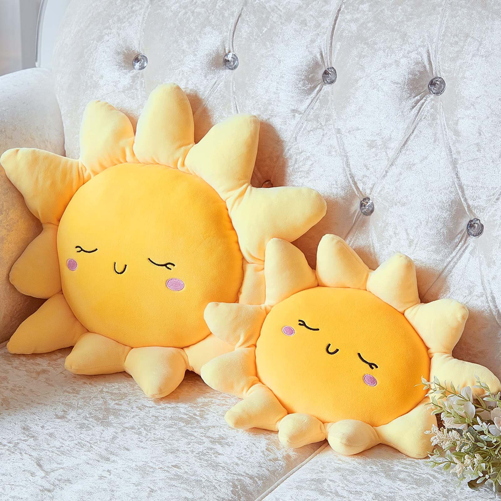 2 Pcs Plush Sofa Cushion Cute Stuffed Sun Shaped Floor Pillow Car Throw Pillow Soft Toy for Kids Women Girls Bedside Home Decoration 13.7 Inch, 23.6 Inch
