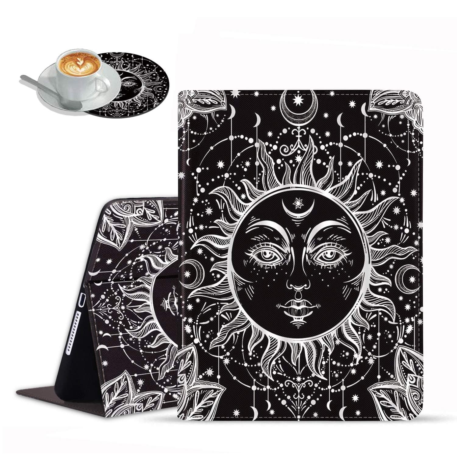 LOWORO iPad 9.7 2018/2017 Case,iPad Air/Air 2 Case,Multi-Angle Viewing Anti Slide Folio Stand Smart Cover Cases for iPad 6th/5th Gen,Celestial Sun and Moon Boho Mystic Tribal Drawing (with Coasters)