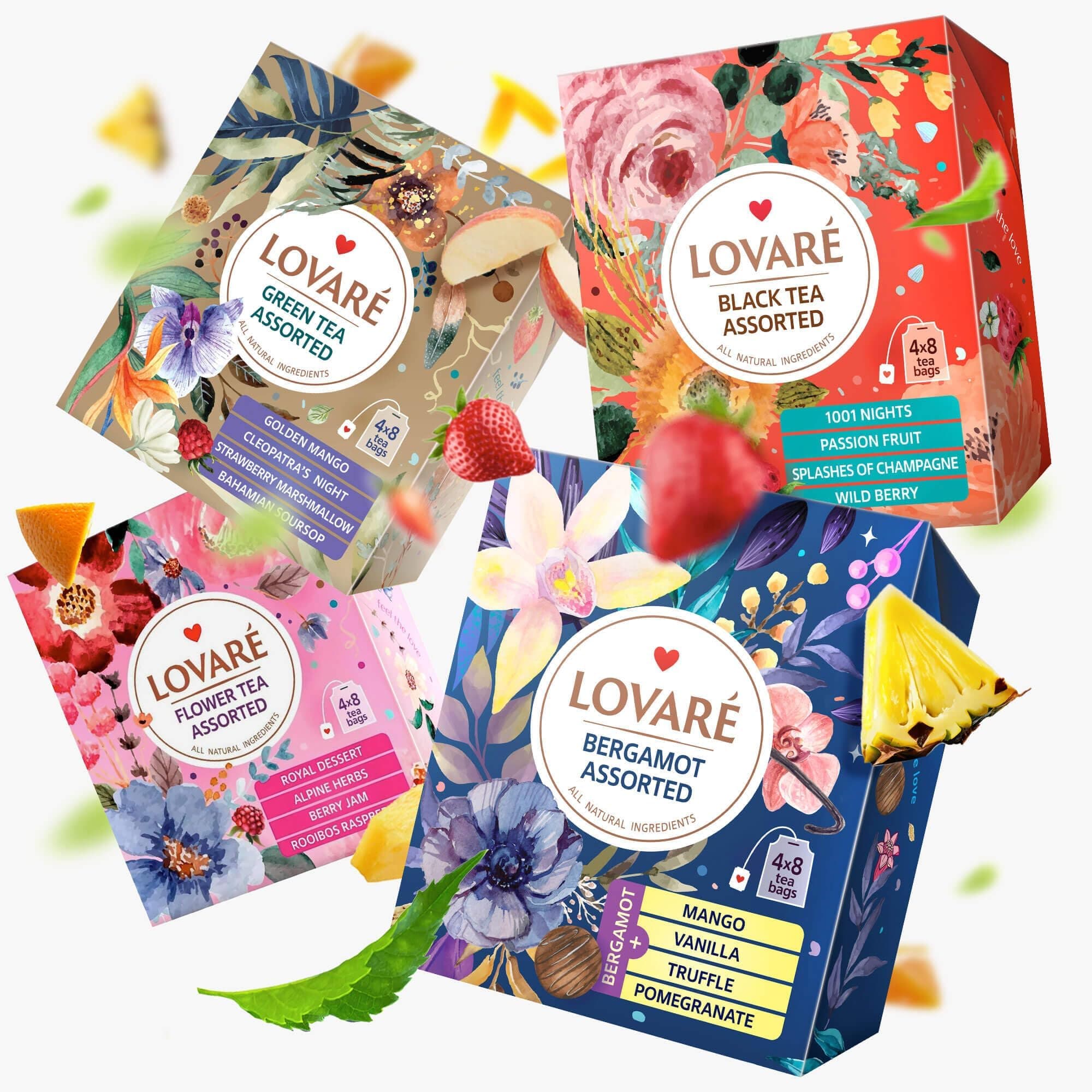 LOVARE Assorted Tea Variety Pack 32 Pack per Box - Made in Ukraine - Set of 4 Tea Bags Individually Wrapped 128 Pack - Bergamot Black, Floral, Black and Green Assorted Tea Bags Variety Pack