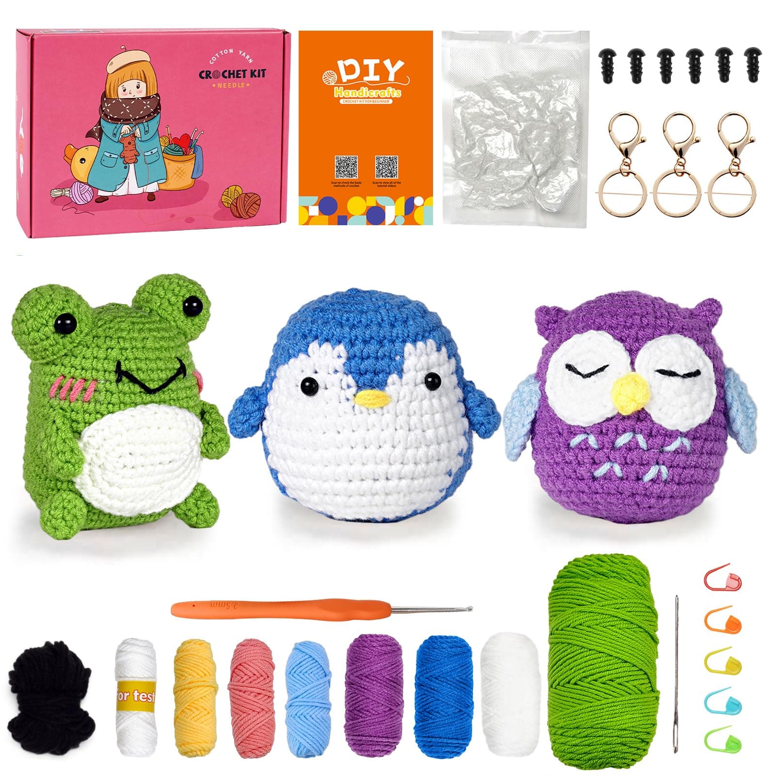 Crochet Kit for Beginners, 3 Pattern Animals-Owl, Penguin, Frog, Knitting Kit for Adult Kids with Step-by-Step Video Tutorials and Yarns, Hook, Accessories
