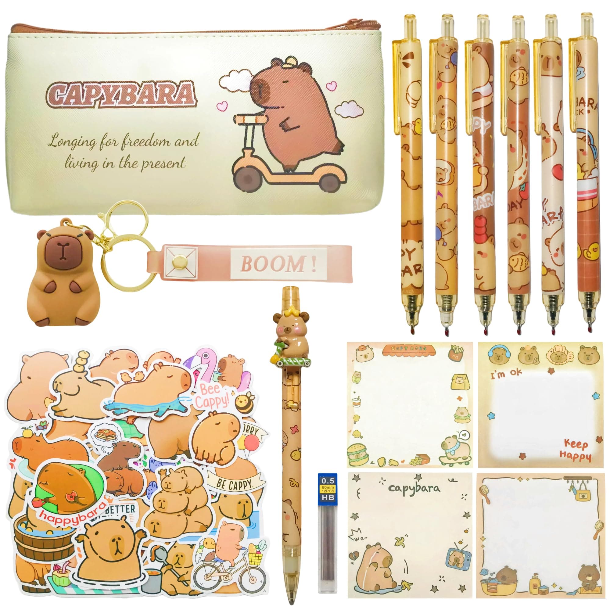 Capybara Stationery Set – Cute stationery set include capybara pencil case, gel ink pens (black ink), mechanical pencil, stickers, sticky notes and keyring for office school kids students