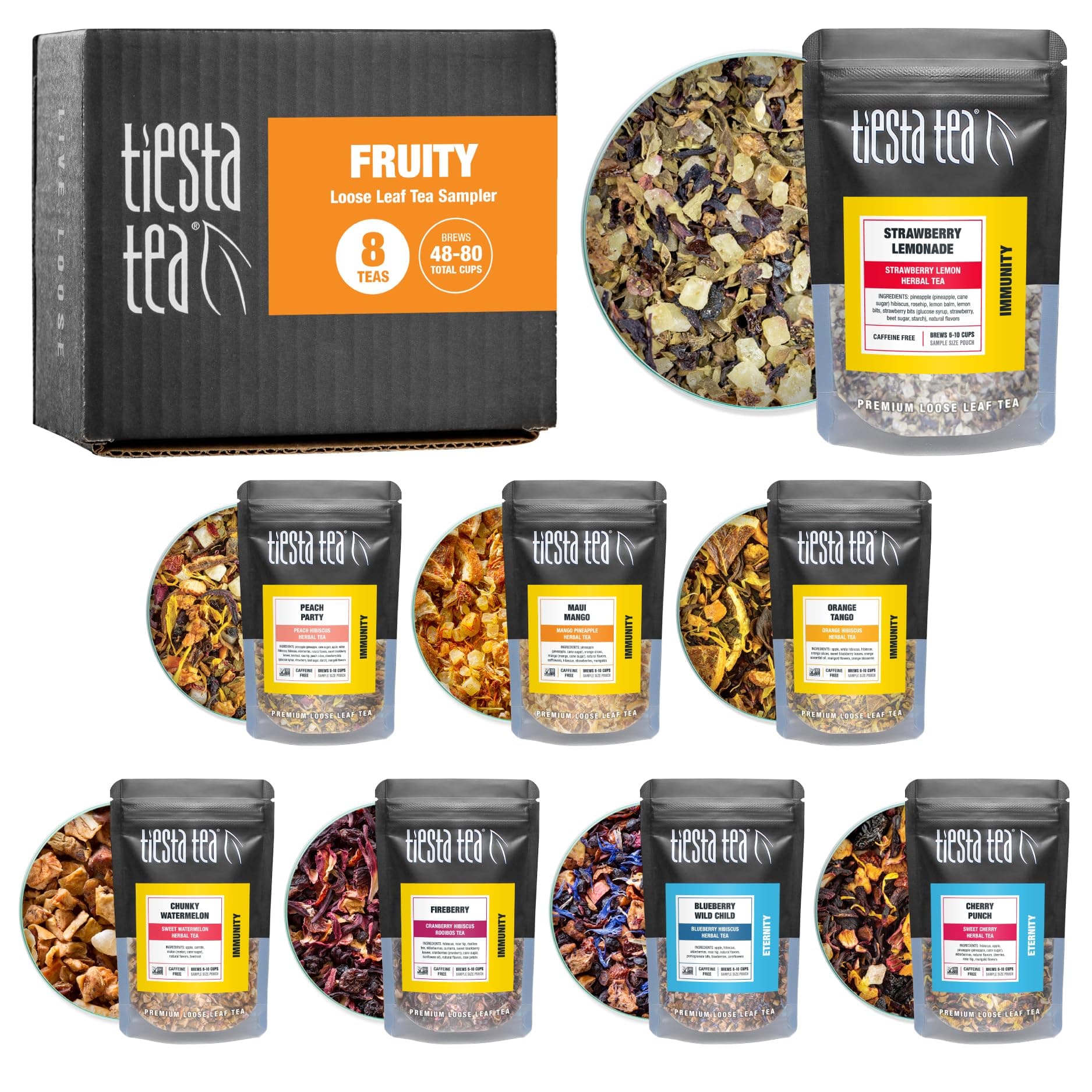 Fruity Tea Sampler Dry Flight Set, Loose Leaf, No Caffeine, Makes Hot and Iced, Assorted Fruit Brews with Mango, Peach, Orange Drinks & More, 8 Resealable Sample Pouches