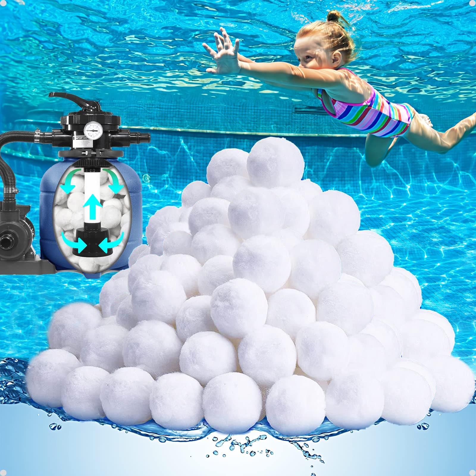 QwayHome 4.6 lbs Pool Filter Balls, Reusable Filter Fiber Balls for Above Ground Pool Sand Pump, Eco-Friendly, Efficient, Clean Water, Equals 165 lbs Filter Sand, White