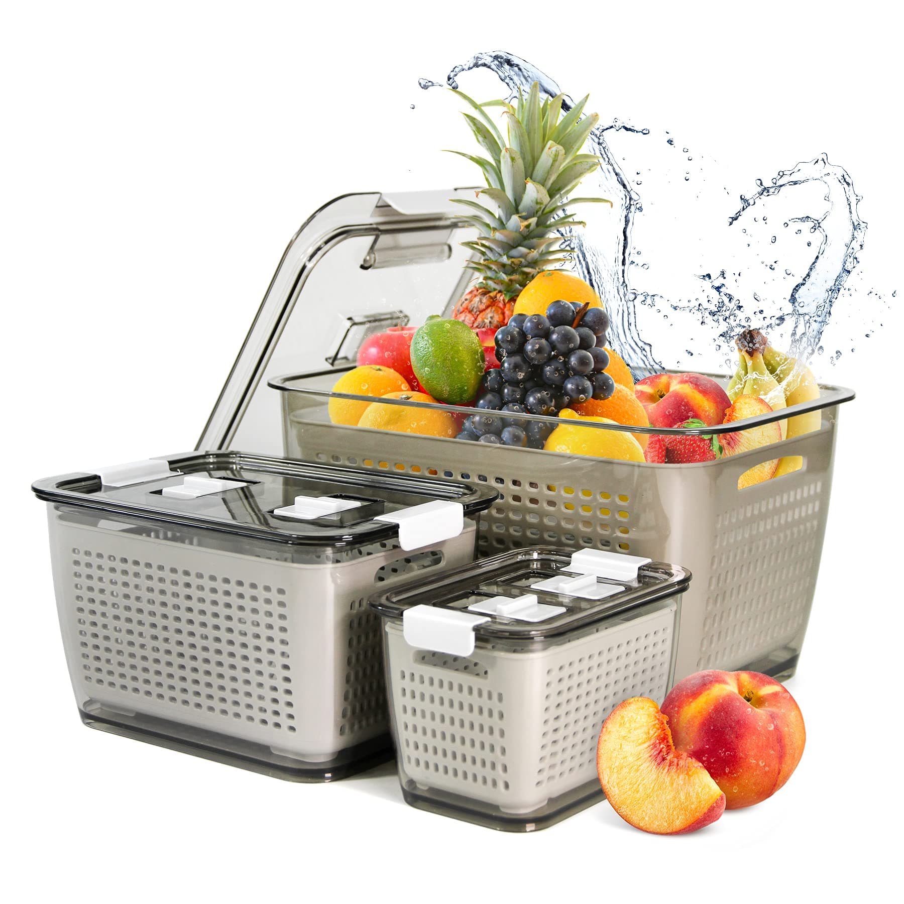 NCFresh Container with Vents,3 Pack - Produce Saver Container Vegetable Fruit Partitioned Storage Container Stay Fresh Organizer for Refrigerator (Brown)